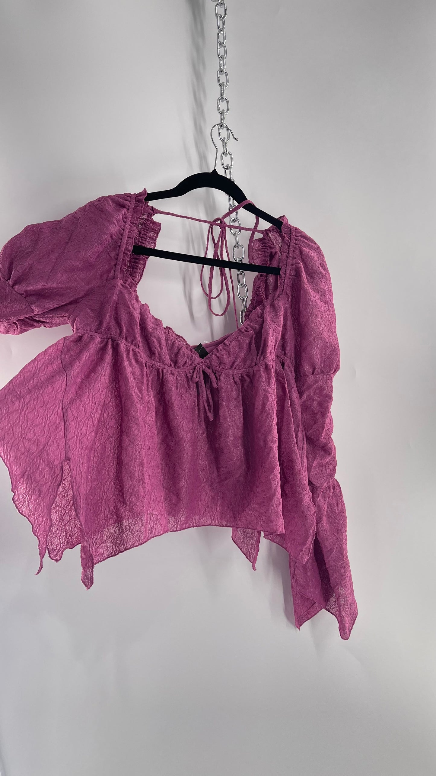 Urban Outfitters Purple Lace Blouse with Handkerchief Slit Hem, Princess Fairy Sleeves, Ruffle Trim Bust and Low Back (Large)