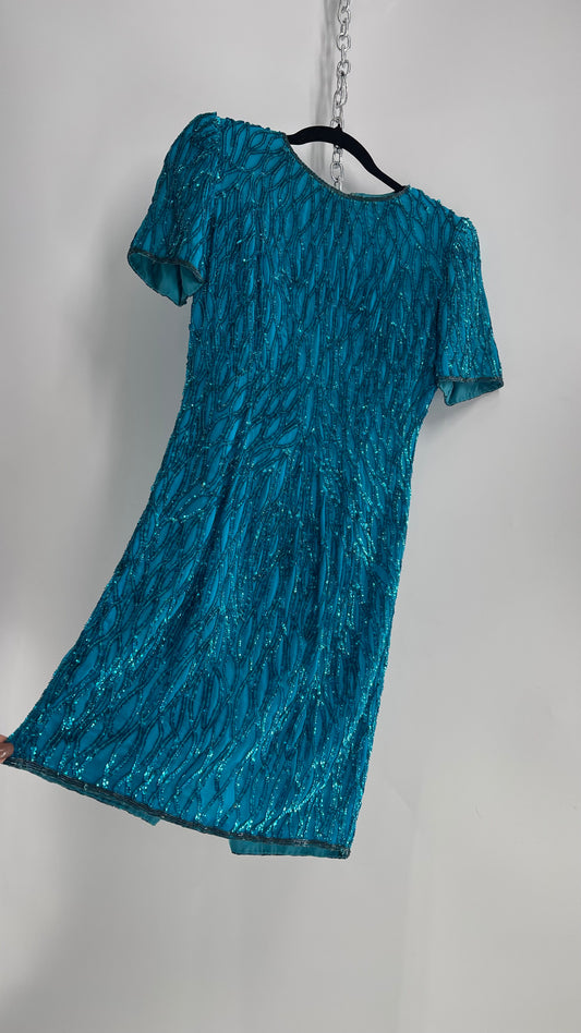 Vintage Sténay 100% Silk Bright Blue Sequin Mini Dress (4)