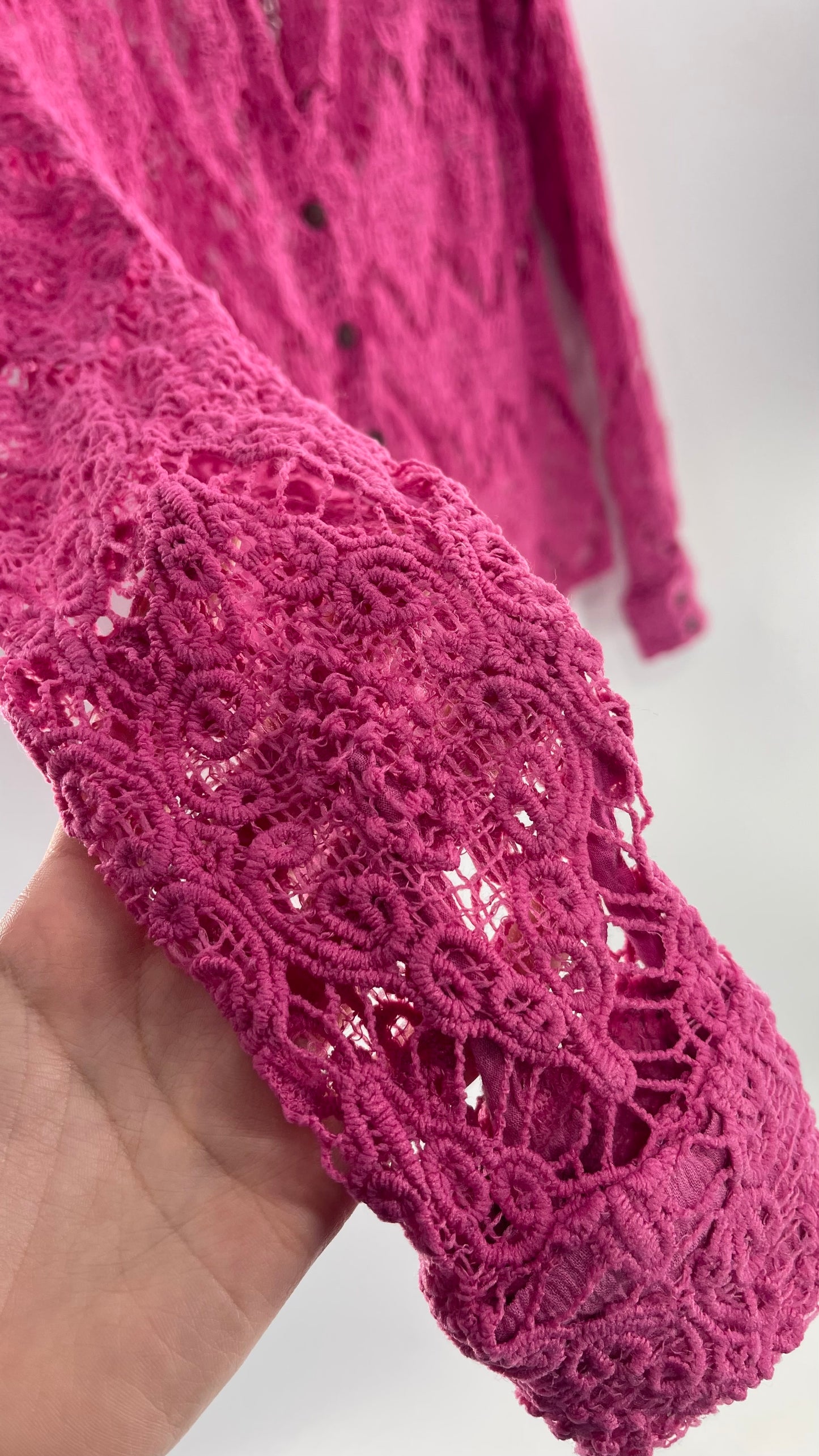 Free People Until Sunday Fuchsia Purple/ Pink Thick Lace Button Front Blouse with Coconut Buttons (XS)