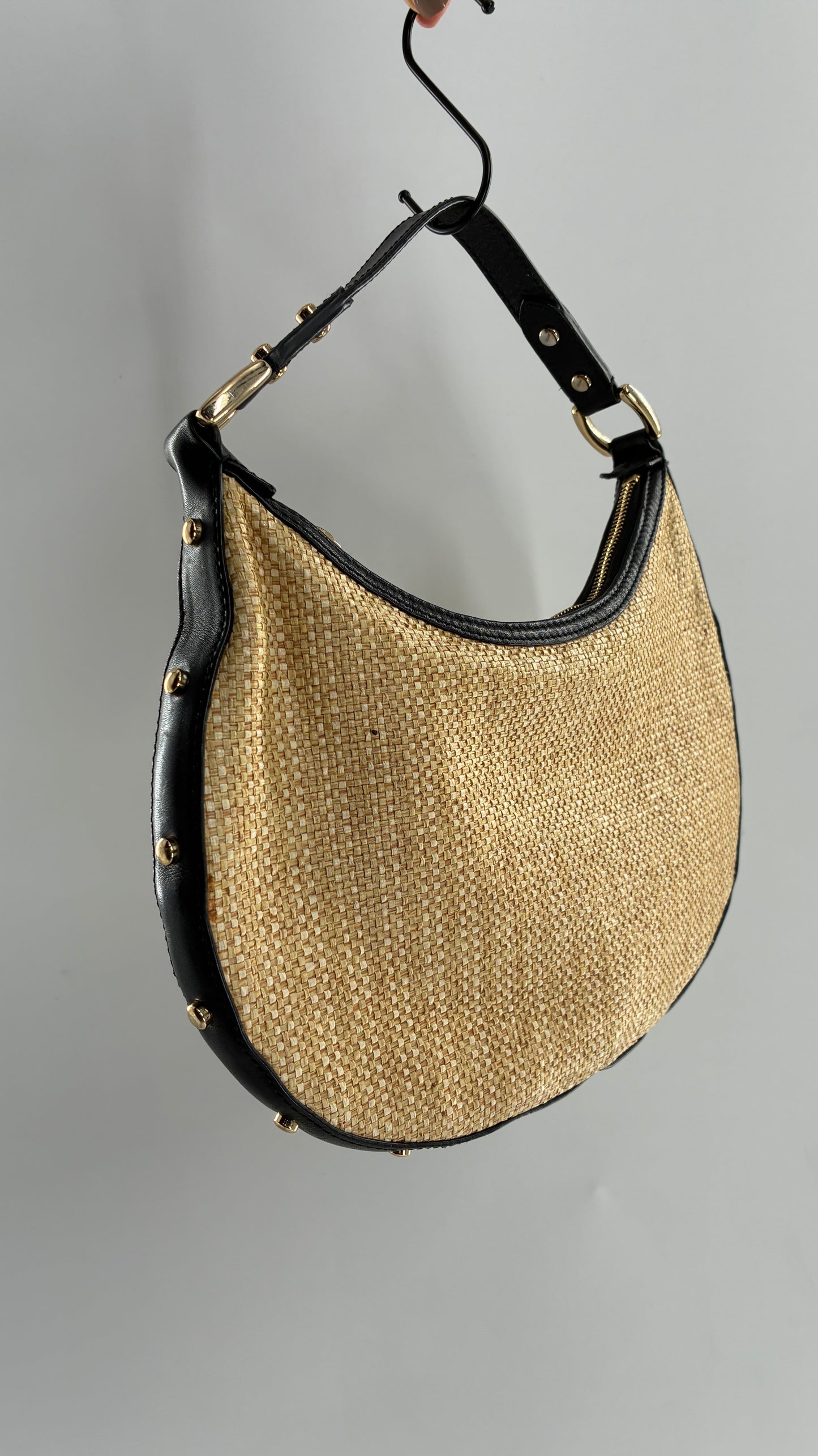 Vintage COLE HAAN Straw Shoulder Purse with Black Leather, Gold Studded Trim