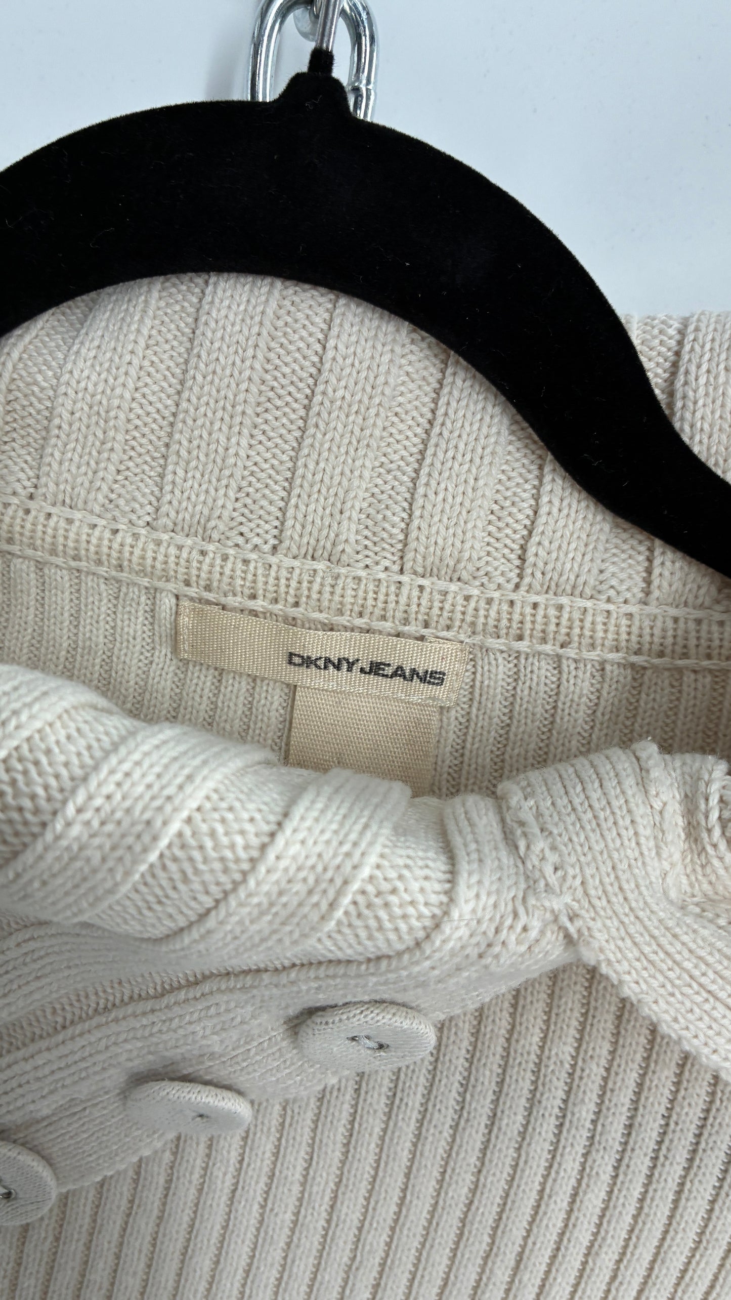 Vintage 1990s DKNY Off White Thick Ribbed Long Sleeve with Fold Over Wrists and Neckline (Medium)