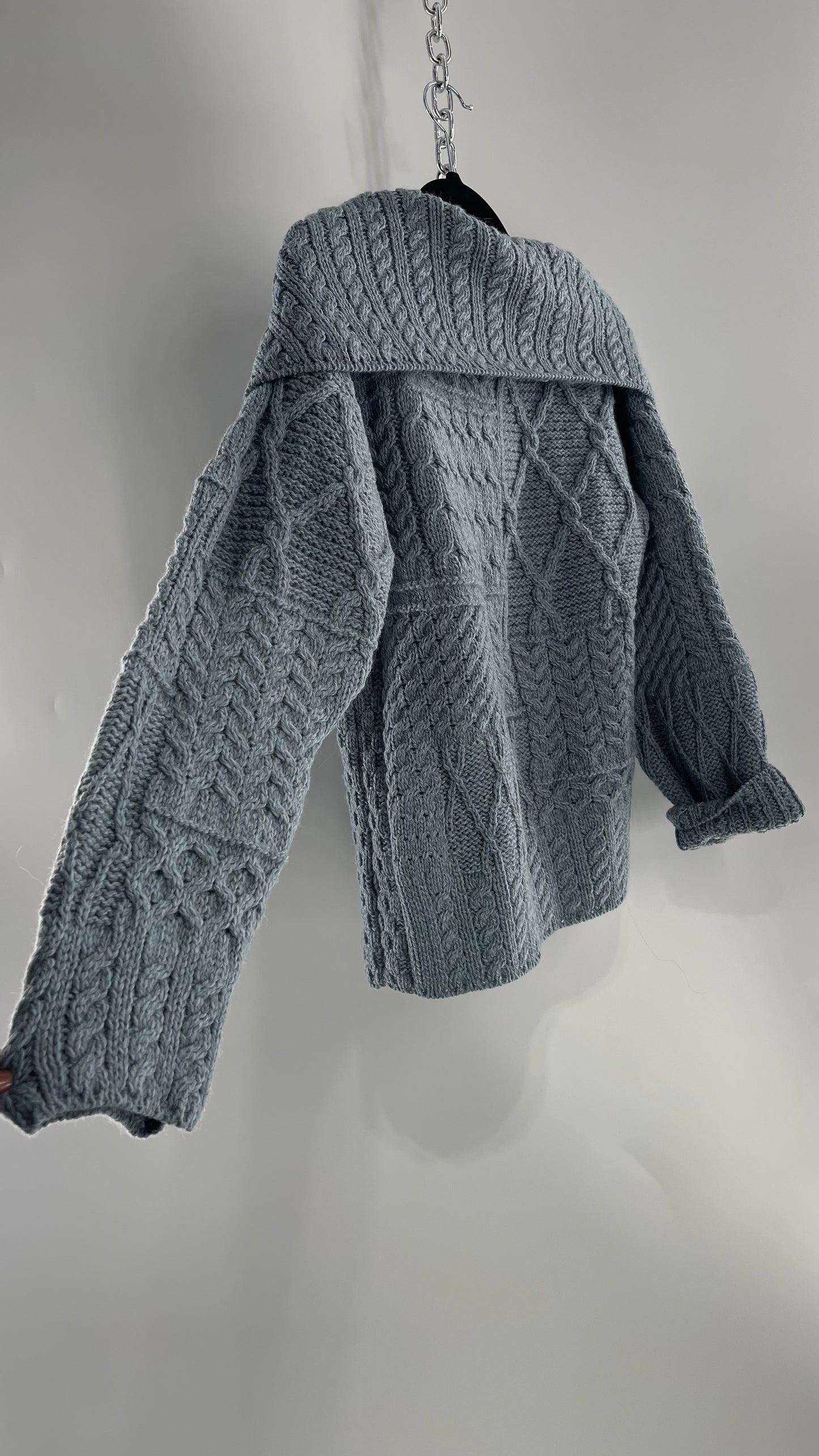 Authentic Irish Aran Sweater Market Slate Blue Aran Stitch Sweater with Oversized Wooden Button Detail and Certificate of Authenticity (Small)