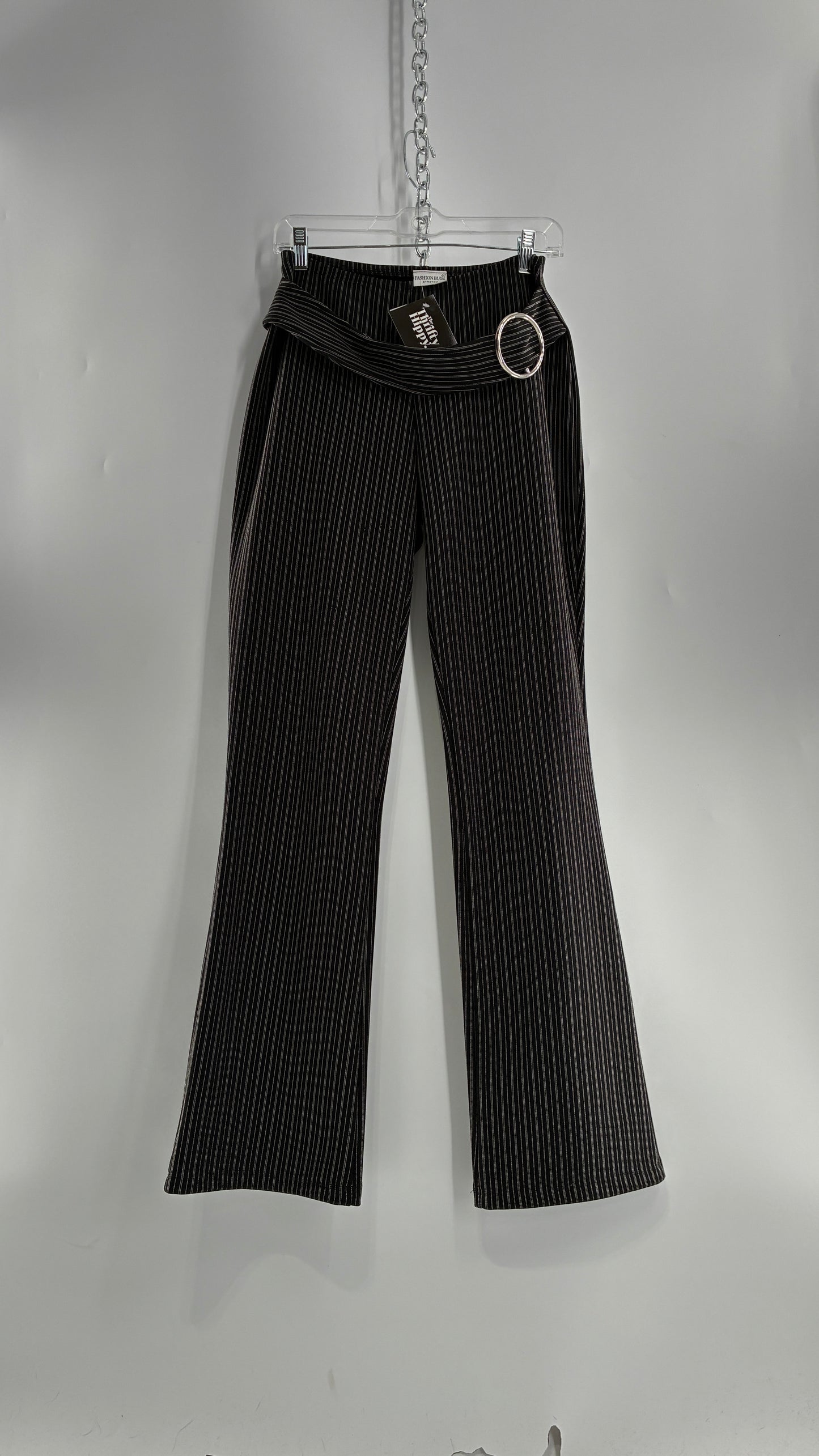 Vintage FASHION BUG Low Rise Black Striped Kick Flares with Silver Buckle Belt 1990s (6)