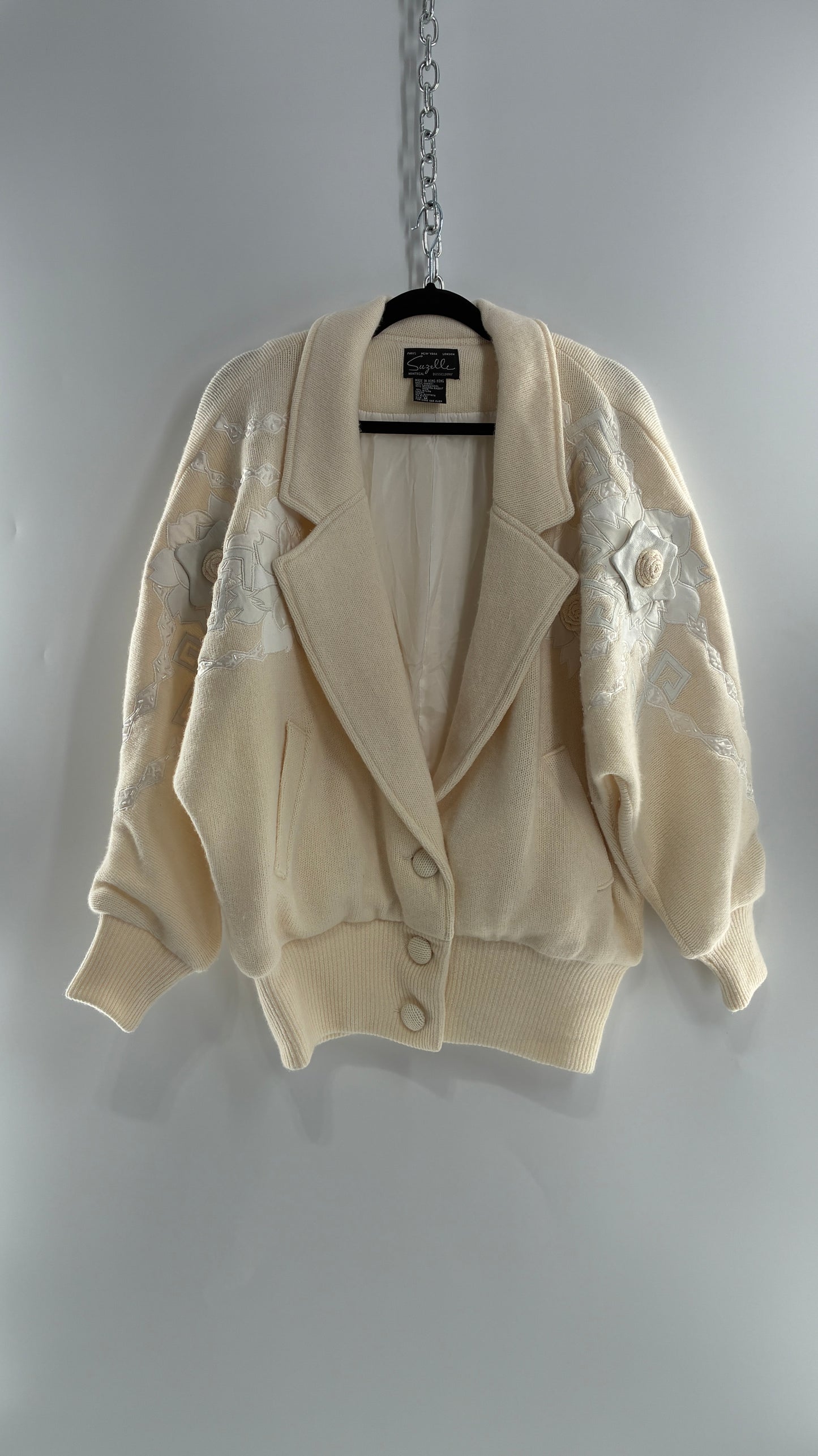 Vintage SUZELLE 70% Lambswool, 20% Angora Rabbit Off White Woven Bomber Jacket with Leather Flower Appliqués (Medium)