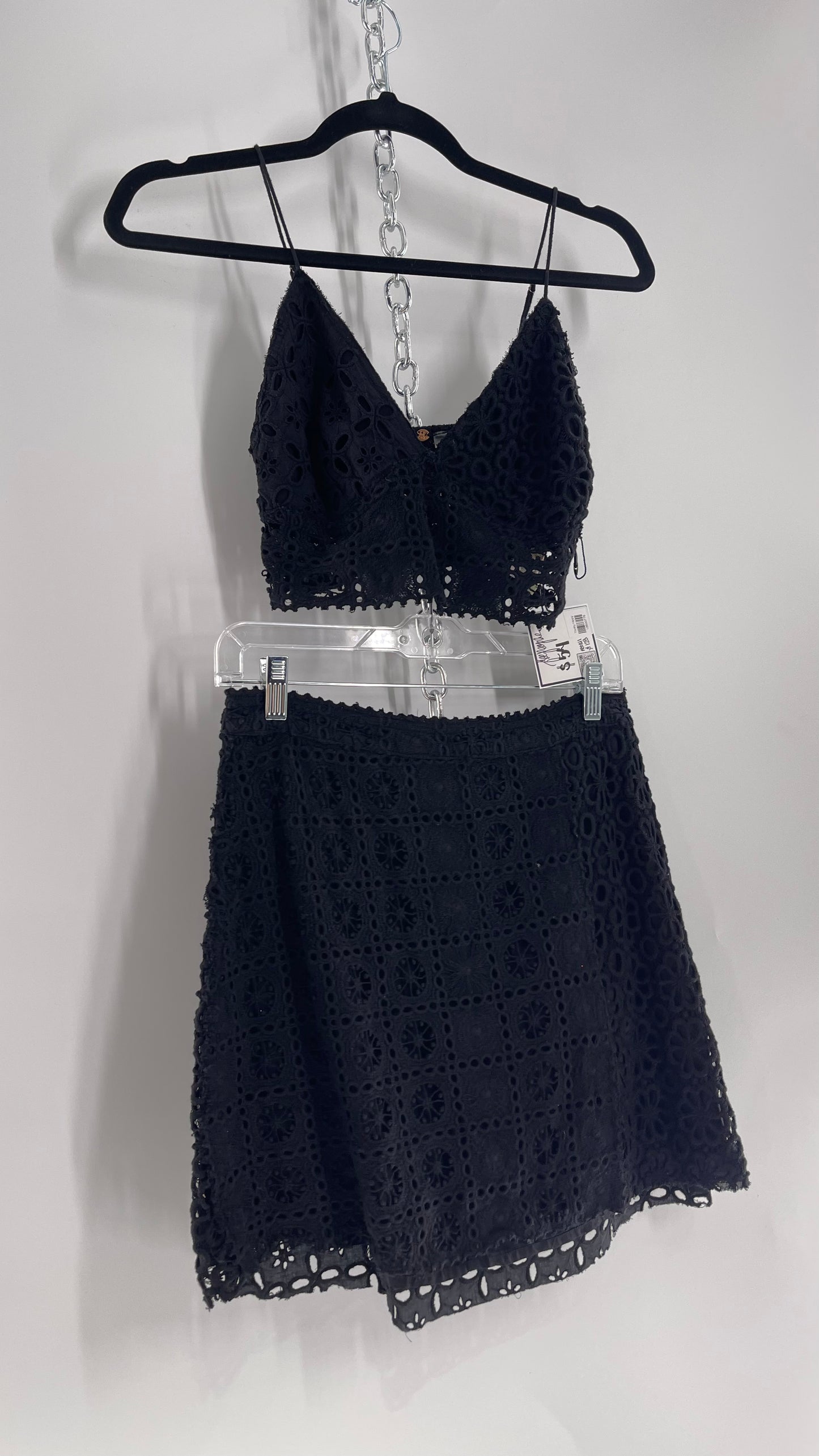 Free People Black Eyelet Lace Mini Skirt and Bustier Set (6)