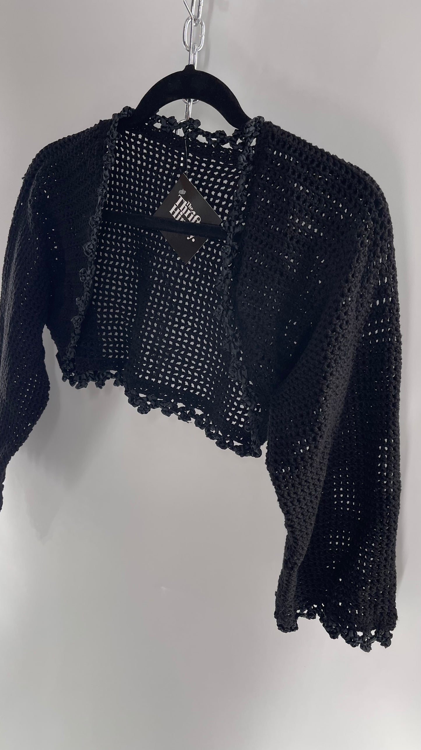 Vintage Black Hand Knit Crochet Shrug with Ribbon Detailing (Medium)