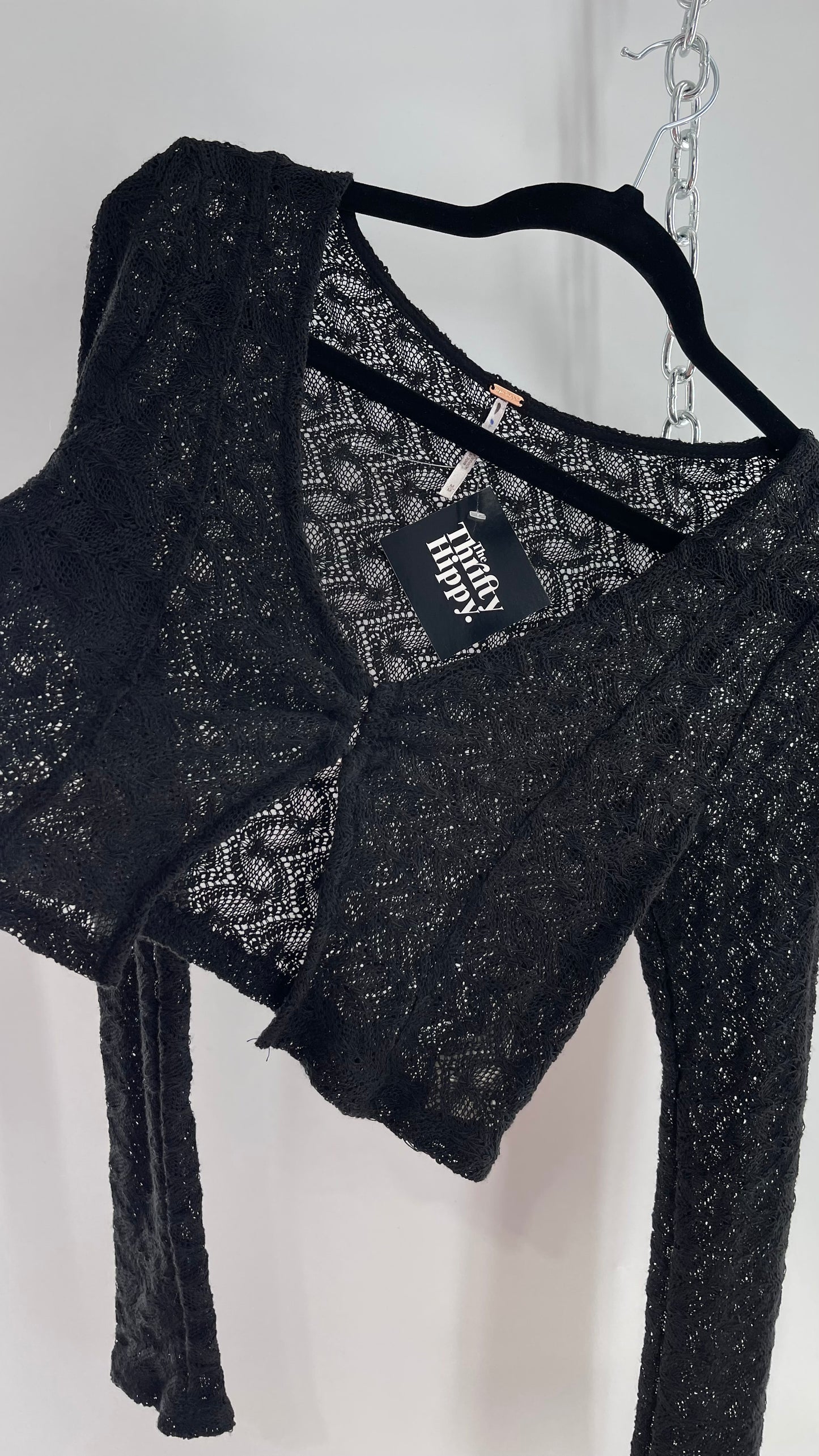 Free People Black Knit Lace/Crochet Like Cropped Long Sleeve with Metal Buckle Bust (Medium)