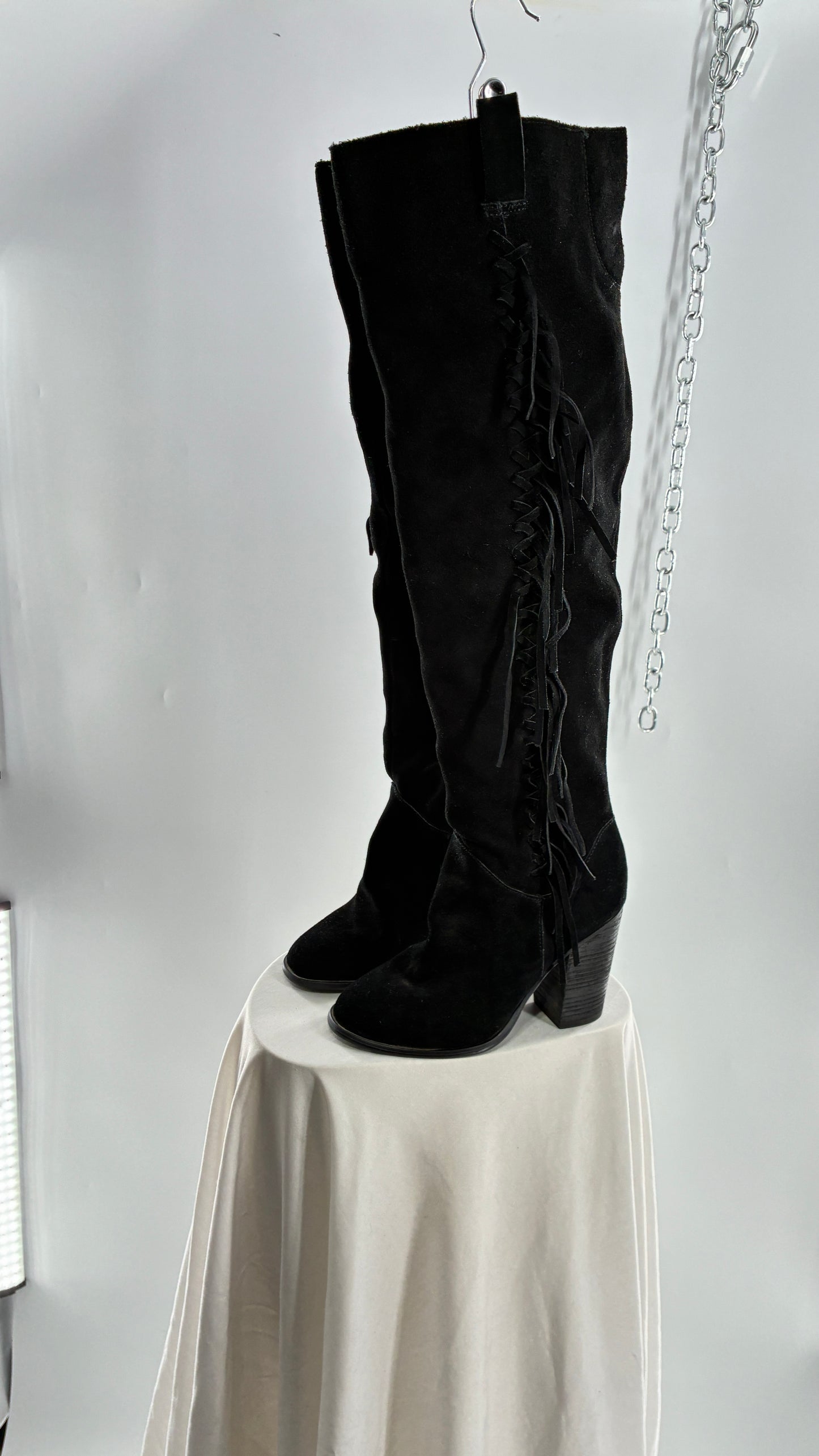 Vintage CARLOS SANTANA Genuine Suede Leather Thigh High Tassel, Fringe Side Boots (7.5)