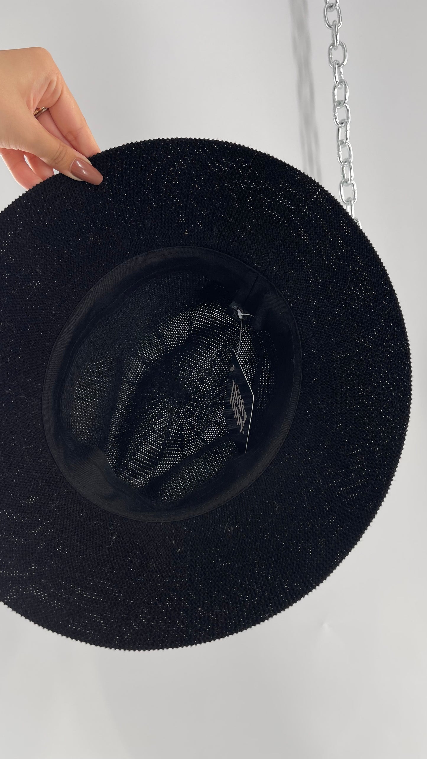 Free People Black 55% Cotton Woven Sun Hat with Textured Fur Belt
