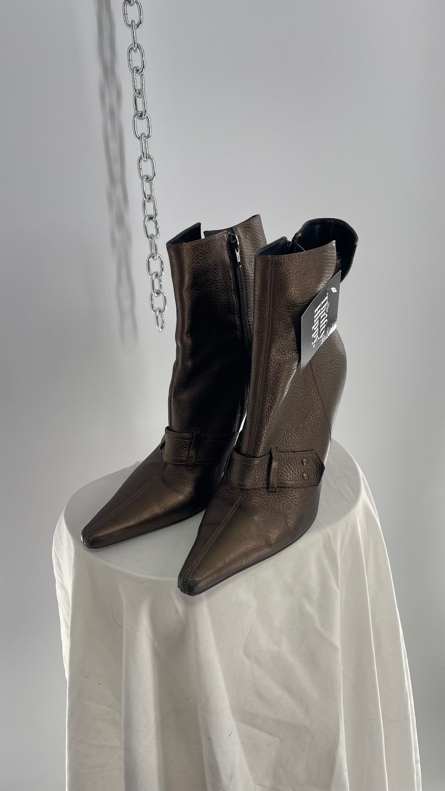 Vintage GIANNI Metallic Bronze Pointed Toe Buckle Strap Boots Made in Brazil (38)