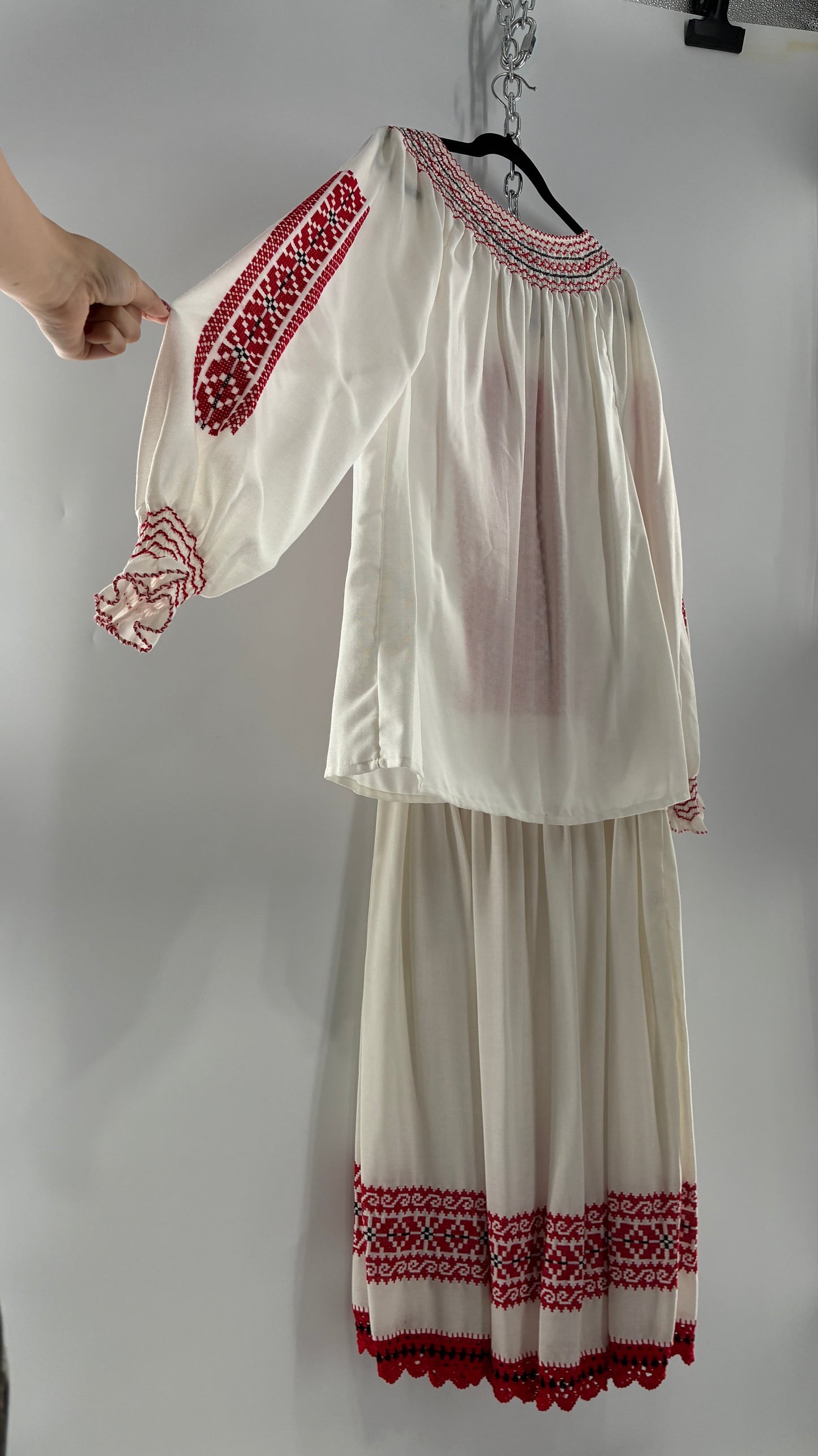 Vintage 1970s LUX FOLKLOR Budapest Handmade Cotton Long Sleeve and Skirt Covered in Red Embroidery and Stitching