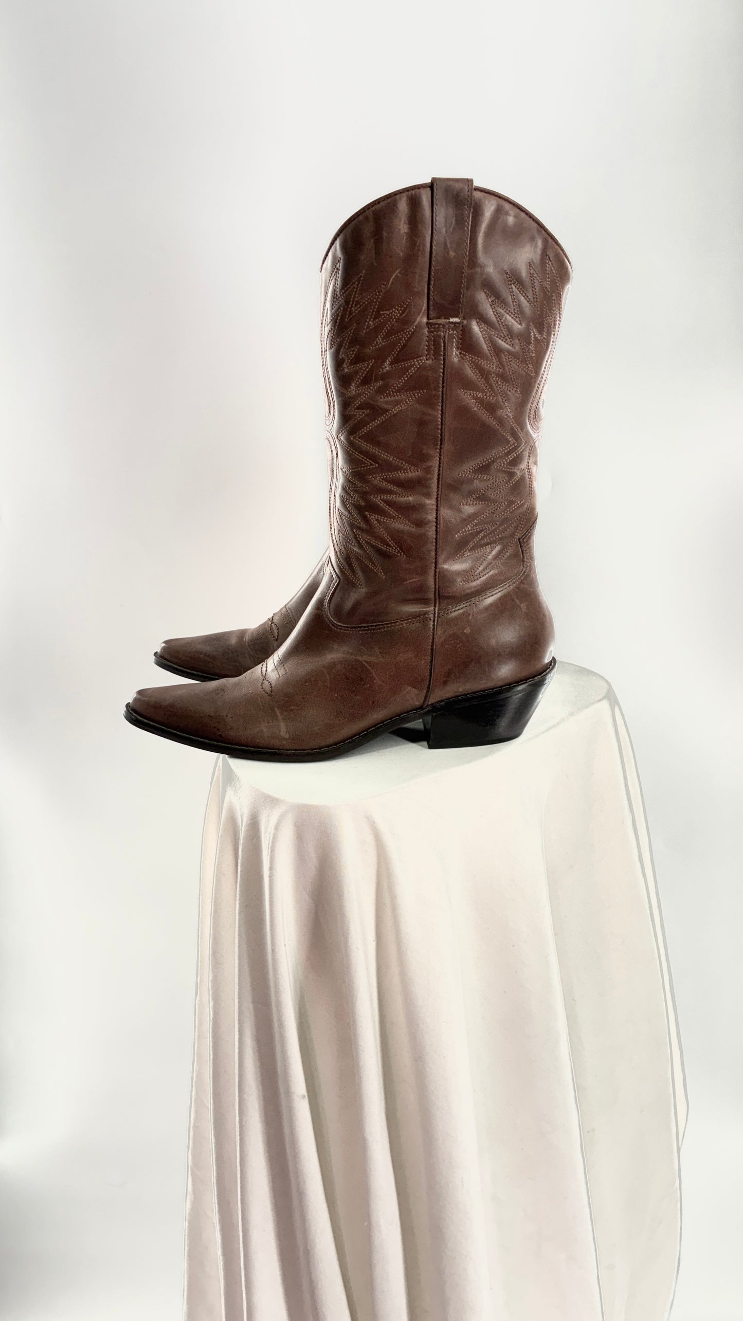 Vintage Genuine Leather Brown Cowboy Boots Made in Brazil (9.5)