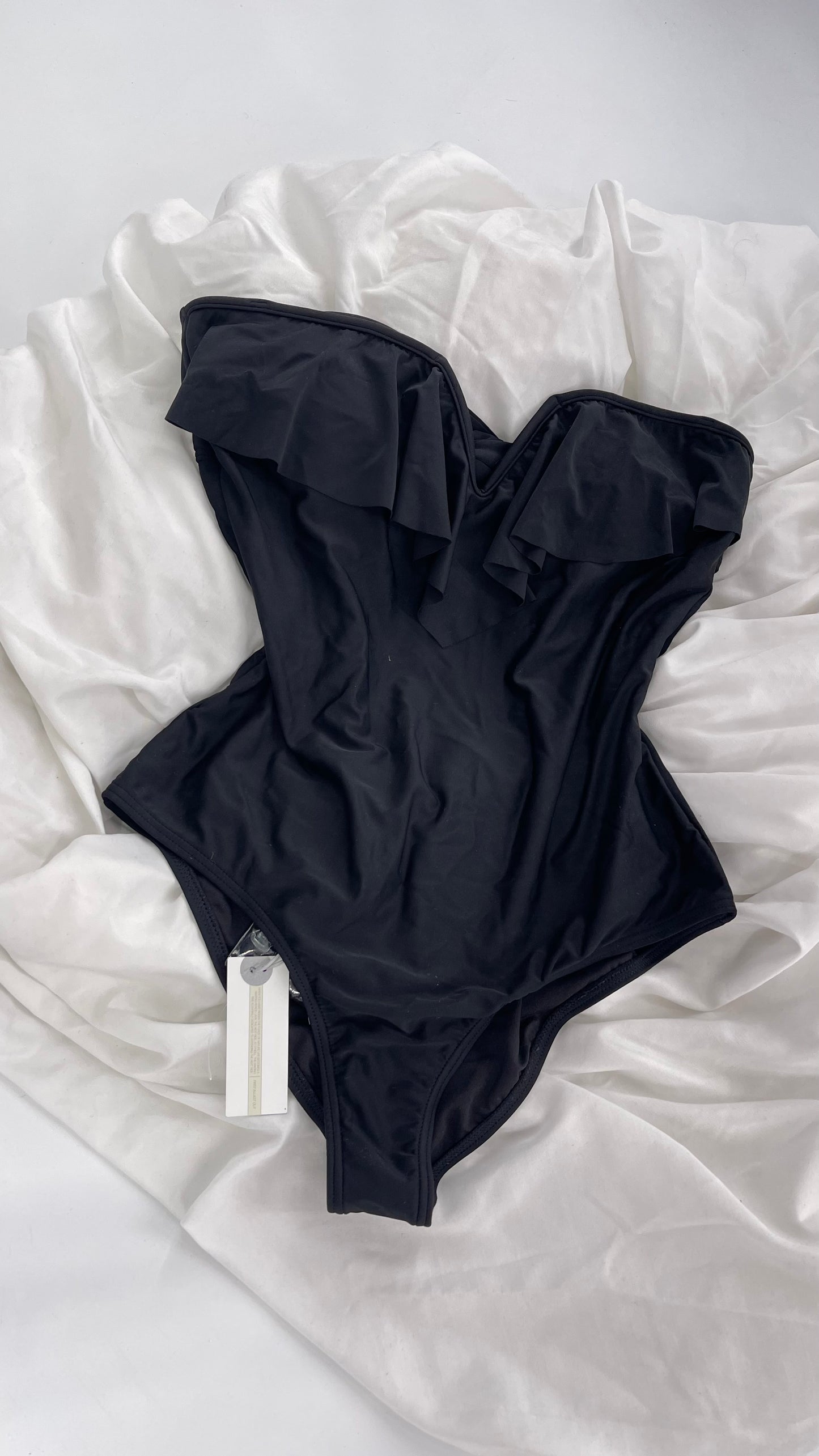 O’Neill Black Swimsuit with Built in Bra with Ruffled Bust, Open Back, Straps and Tags Attached (Large)