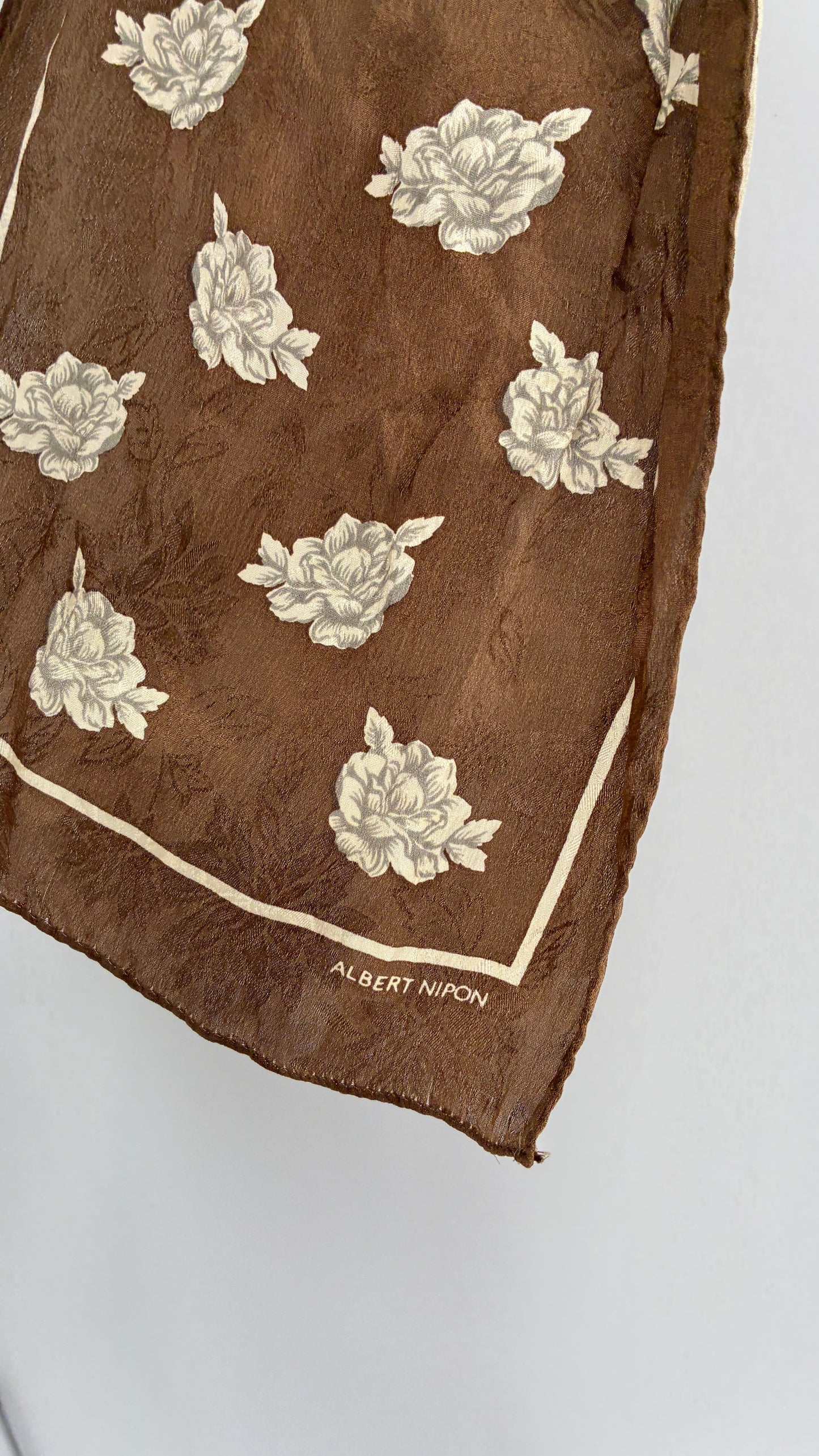 Vintage ALBERT NIPON 100% Silk Brown Floral Patterned Scarf with Floral Texture and Tags