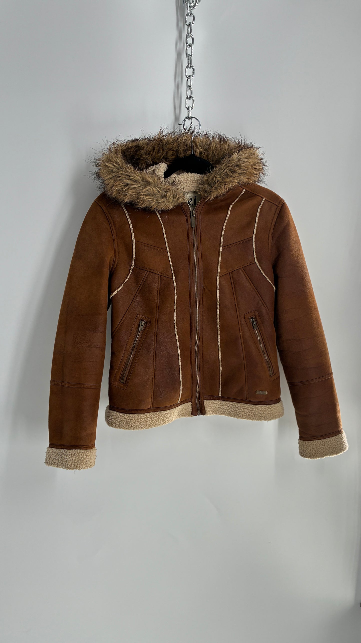 Vintage LEI Vegan Suede Sherpa Jacket with Faux Fur Hood (Small)
