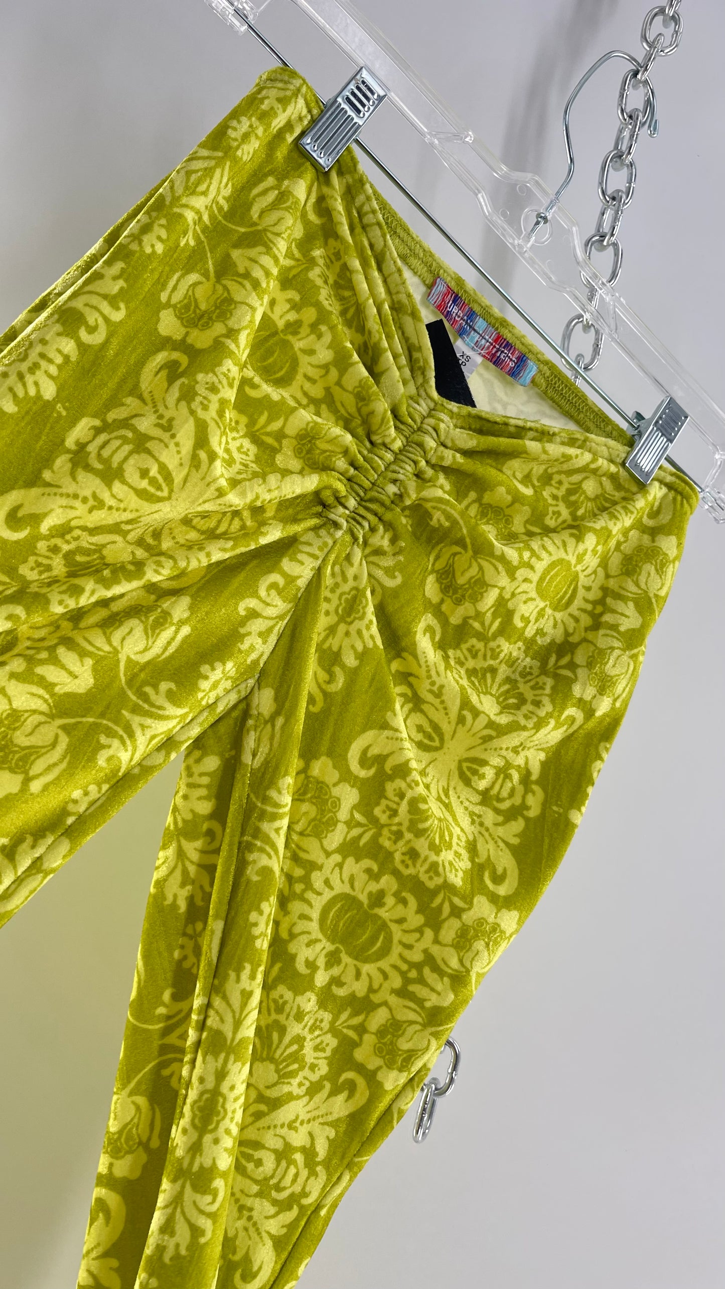Urban Outfitters Chartreuse Green/Yellow Velvet Lace Patterned Flares with Scrunch Front  (XS)
