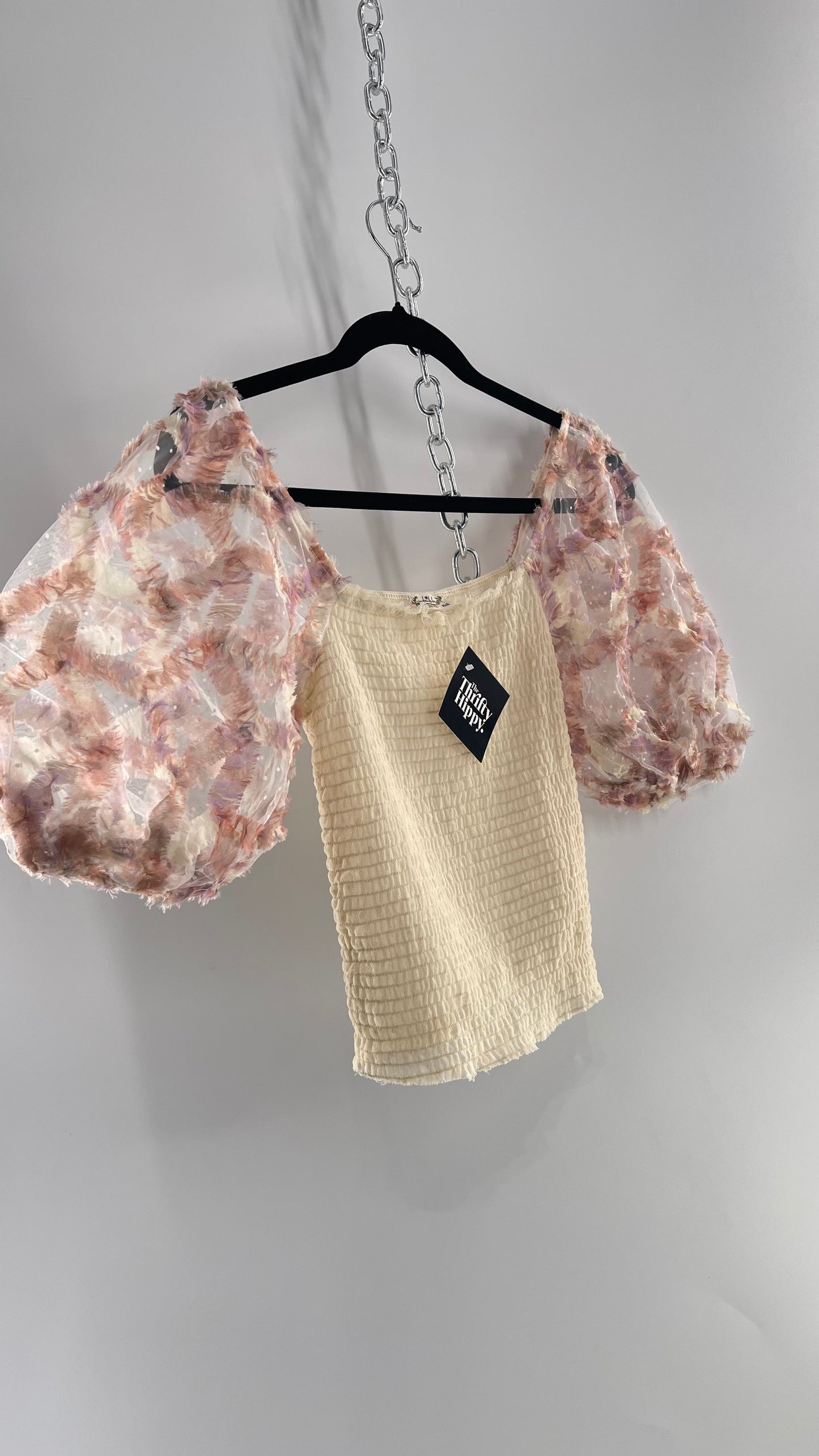 Free People Flower Girl Delicate Romantic Puff Sleeve Top with Smocked Mesh Body (Small)