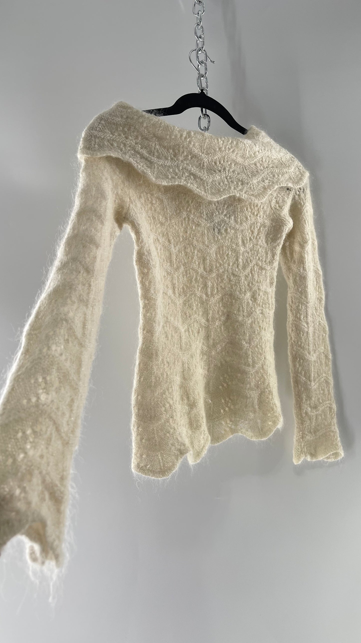 Vintage Ivory Off White Lace Knit Off the Shoulder Sweater Top (Medium)
