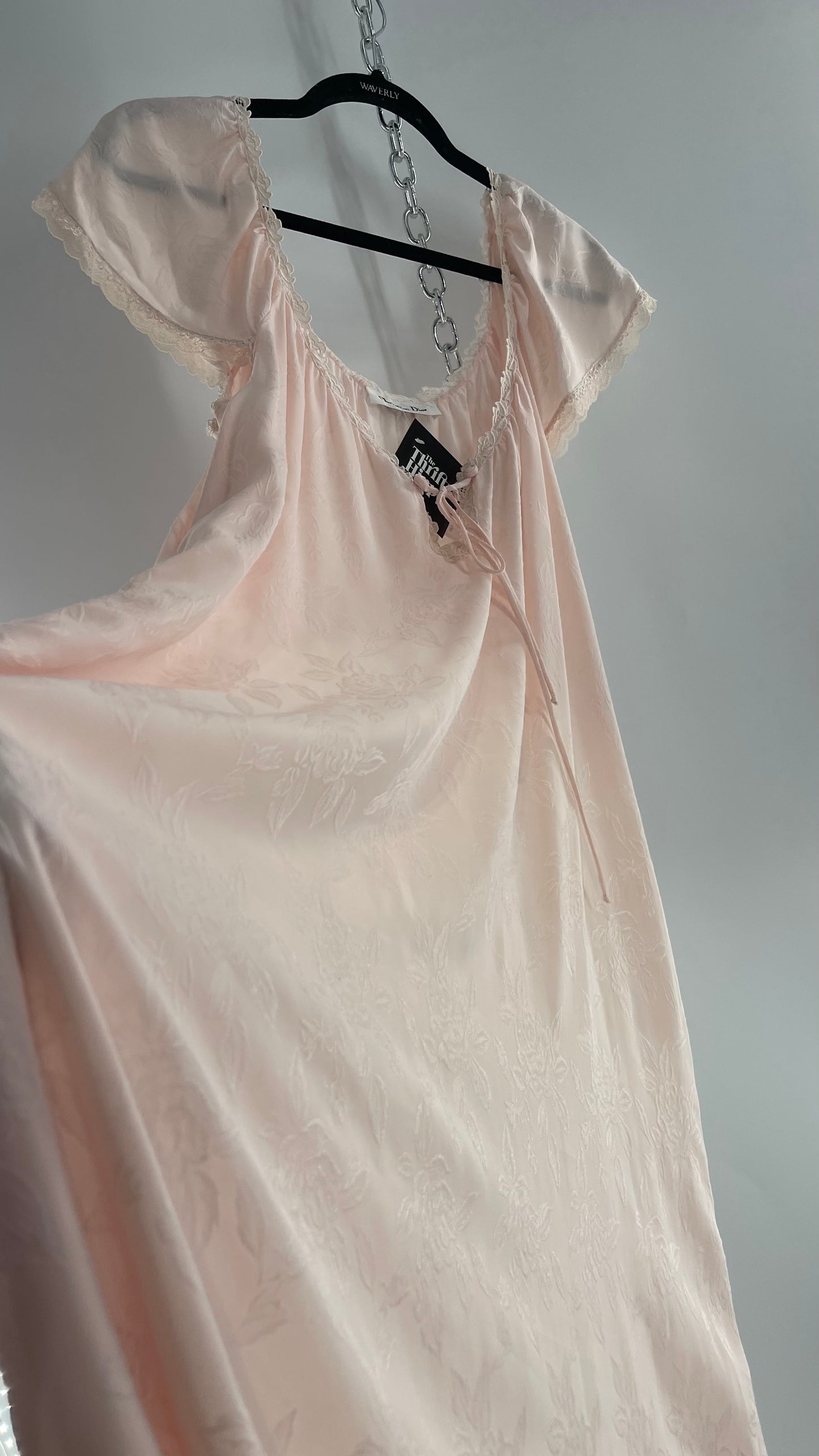 Vintage Christian Dior Pink Night Gown/ Maxi Dress with Floral Embossed Design, Lace Trim and Rosettes (Large)
