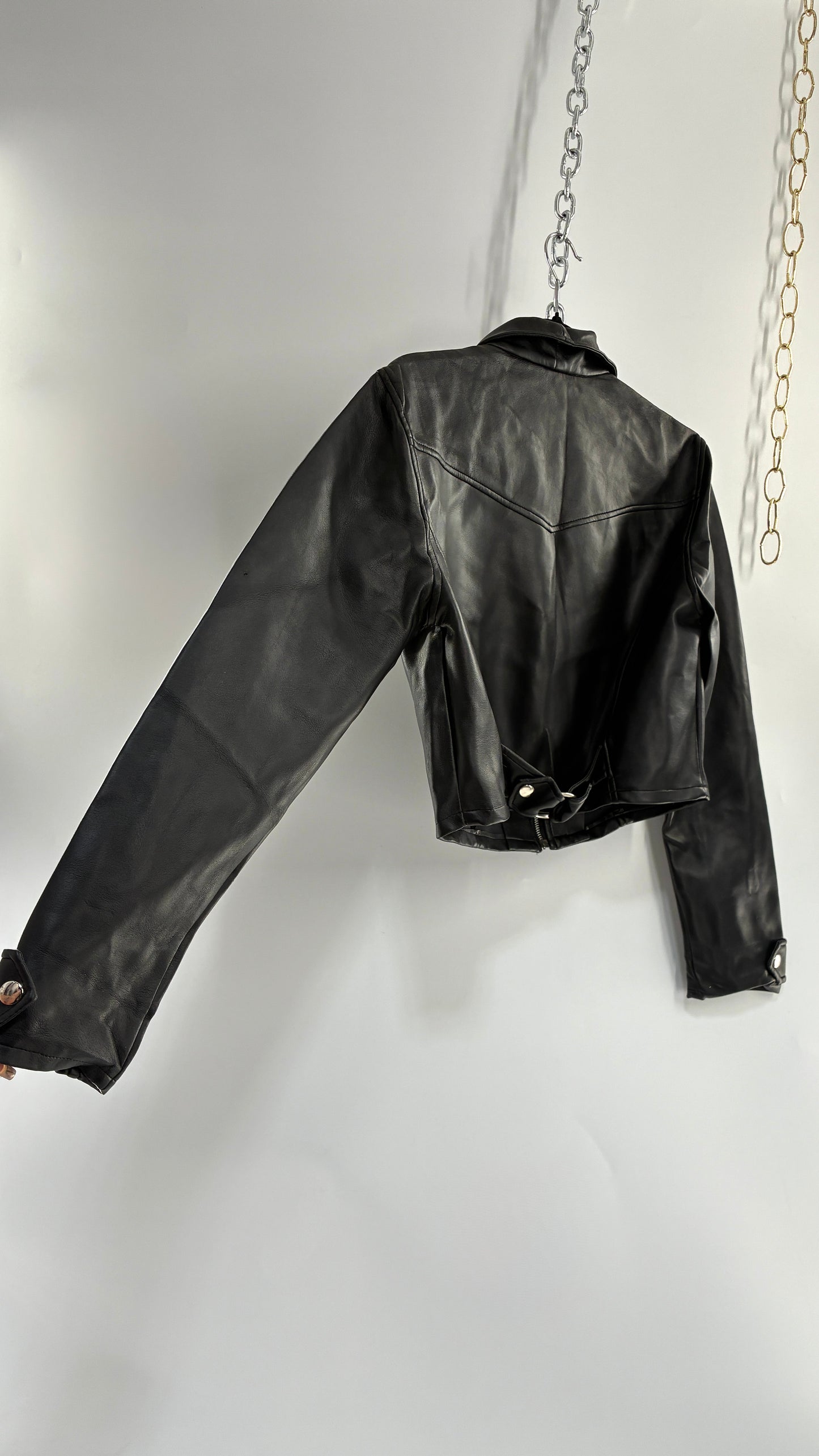 Vintage 1990s HIGHWAY Black Vegan Leather Cropped Jacket (Medium)