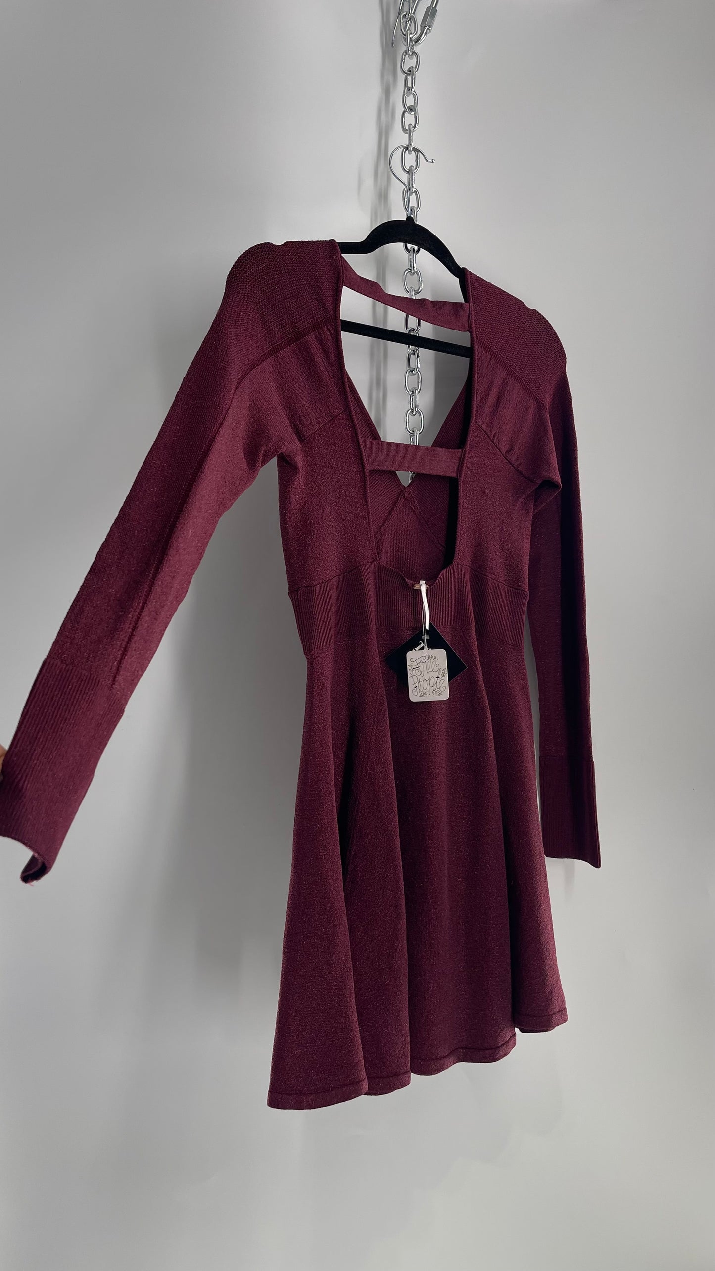 Free People Plum Tinsel Sparkle Long Sleeve Knit Mini Dress (Small)