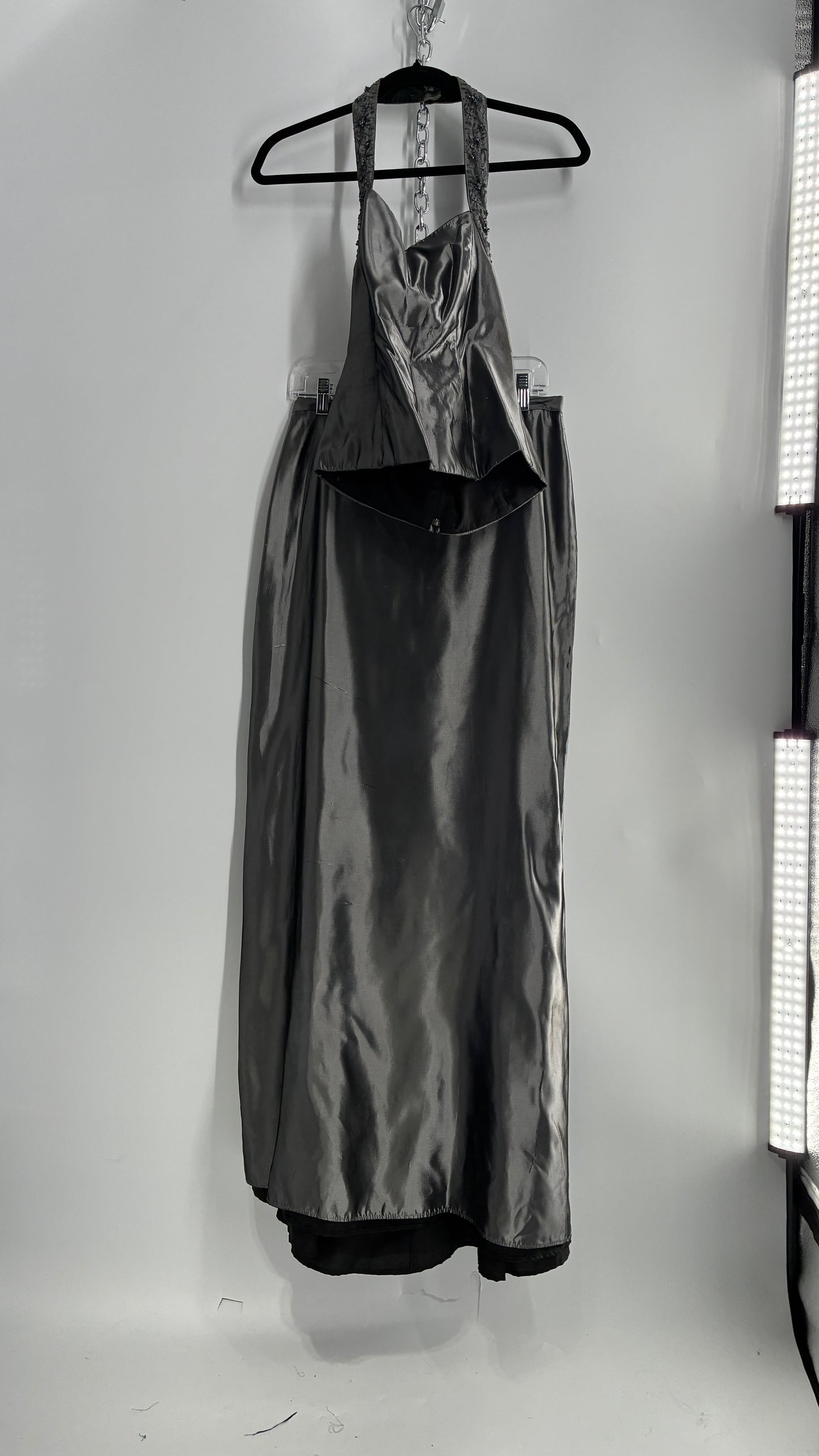 Vintage 1990s Davids Bridal SET Metallic Silver Corseted + Beaded Halter and Full Length Skirt (6Top, 8Skirt)