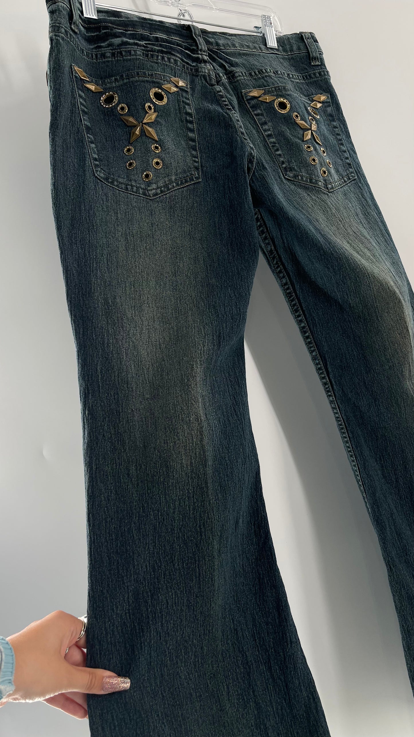 Vintage Blue Pointe Kickflare Medium Wash Jeans with Gold Rhinestone Metal Jewels (13)