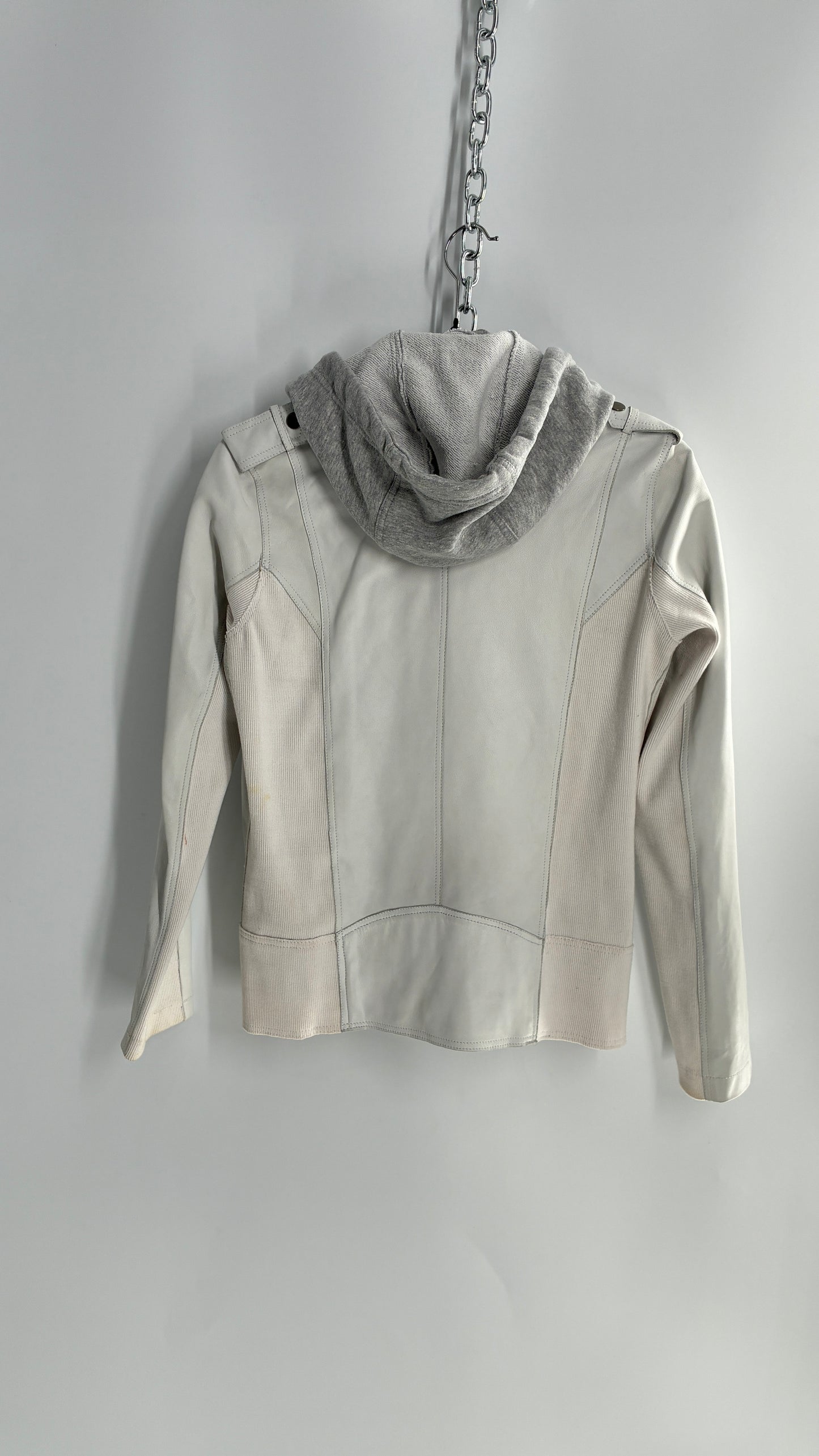 Jakett White Molly Burnished White Genuine Leather Double Layer Moto Jacket with Removable Grey Hoodie Insert (XS)