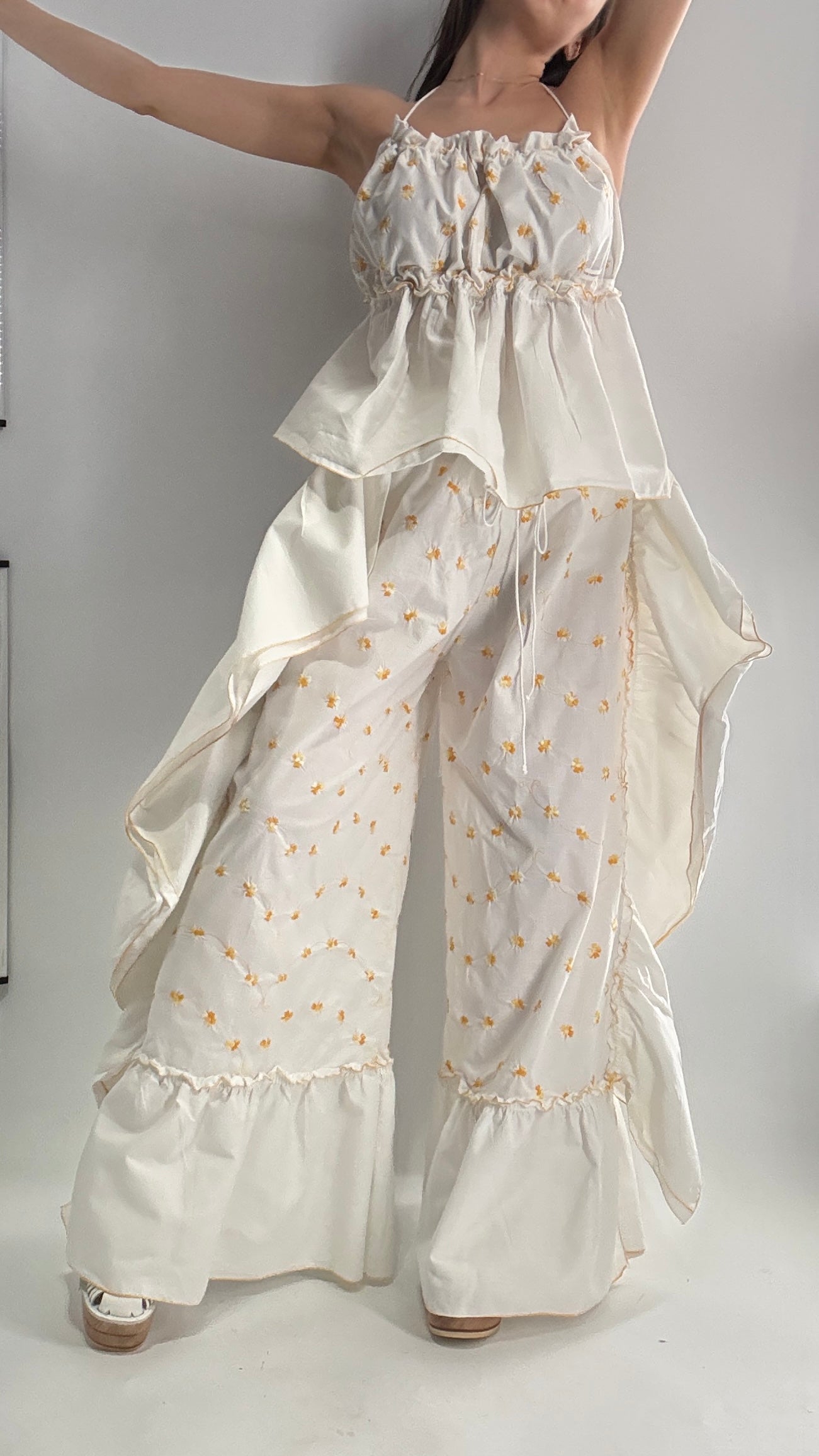 Vintage Handmade Angeline 2pc Set with Ruffled Pant, Embroidered Daisy Pattern, and Bustier Camisole with Adjustable Drawstring Bustline and Waistline (XS-L)