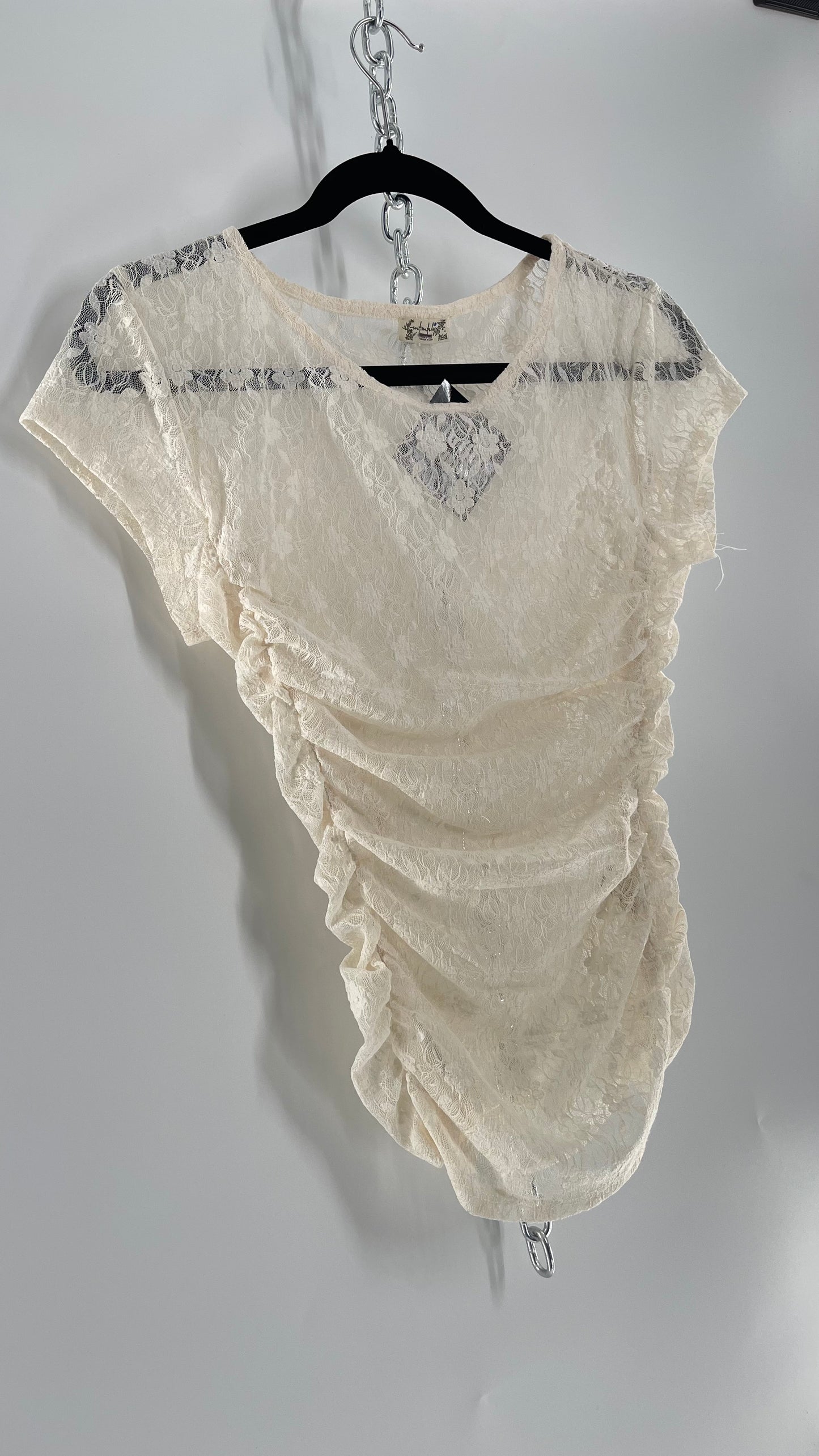 Free People Ivory Lace Ruched T Shirt (Small)
