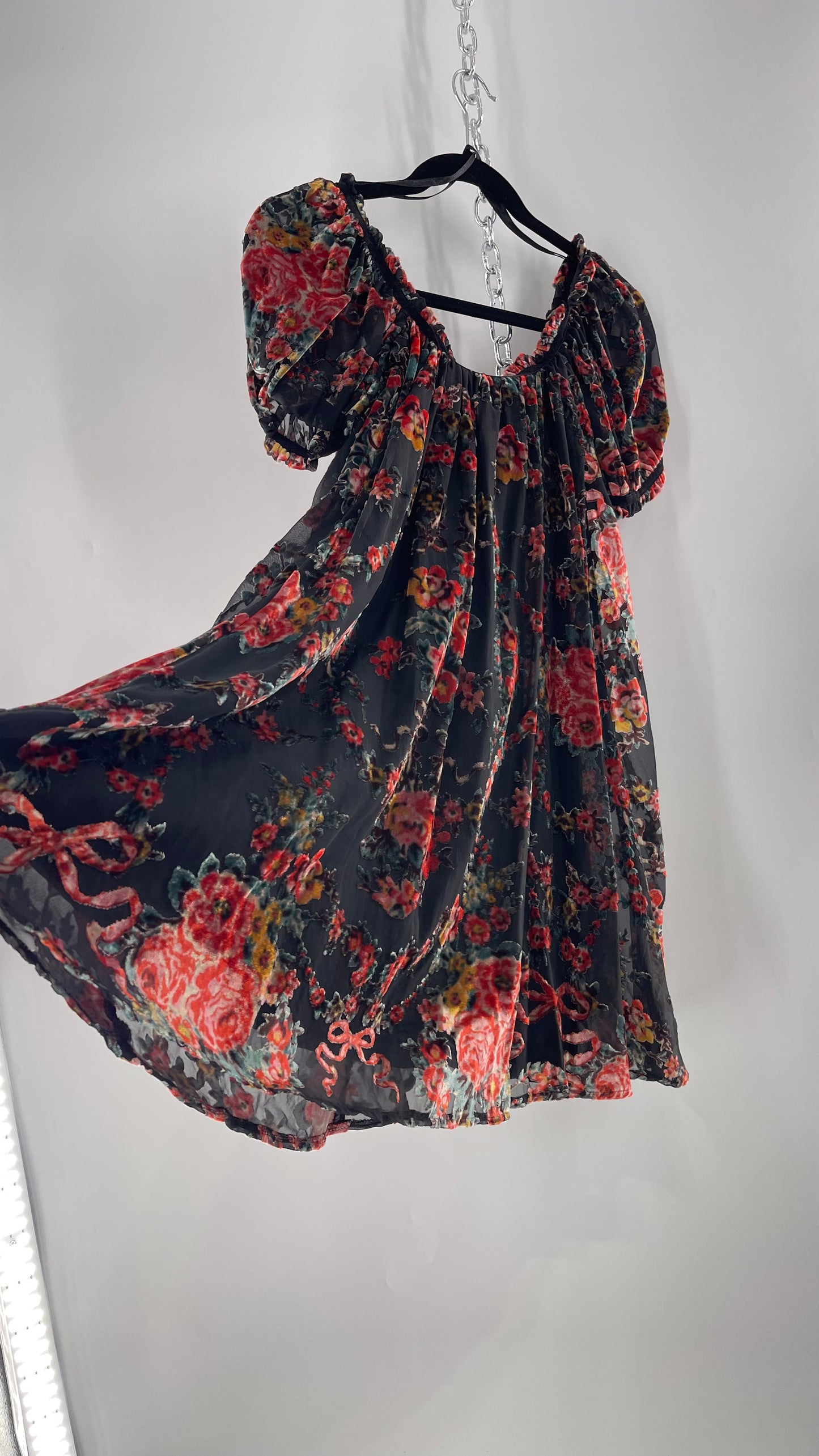 Free People Beautiful Blooms Velvet Florals Babydoll Dress (Small)
