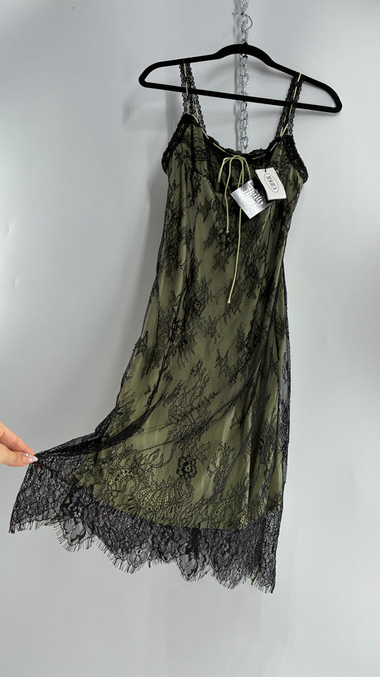 CIDER Green Midi Dress with Black Overlay Lace (Large)