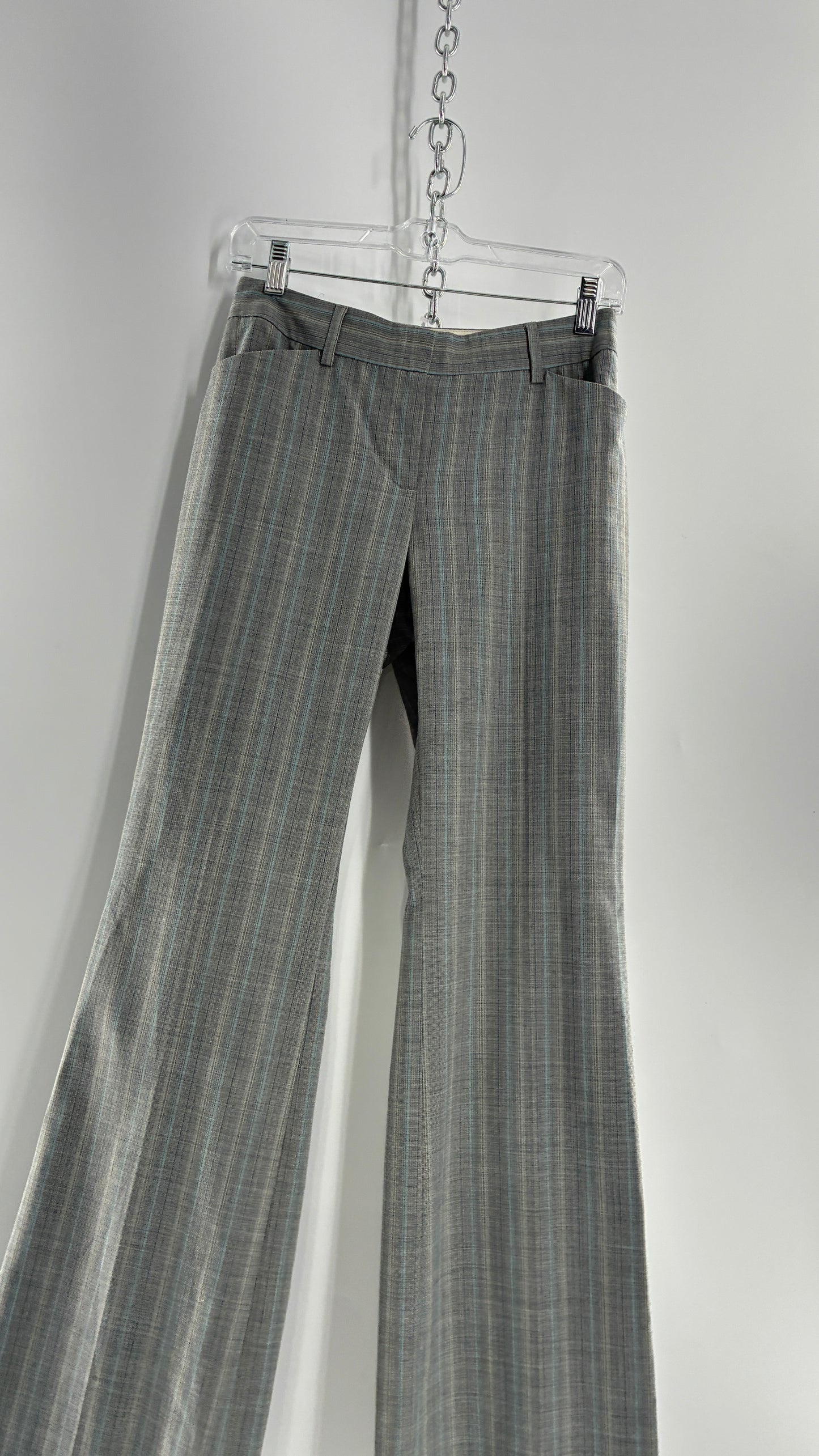 Vintage 1990s EXPRESS Editor Iconic Grey and Blue Low Rise Kickflare Pants (1)