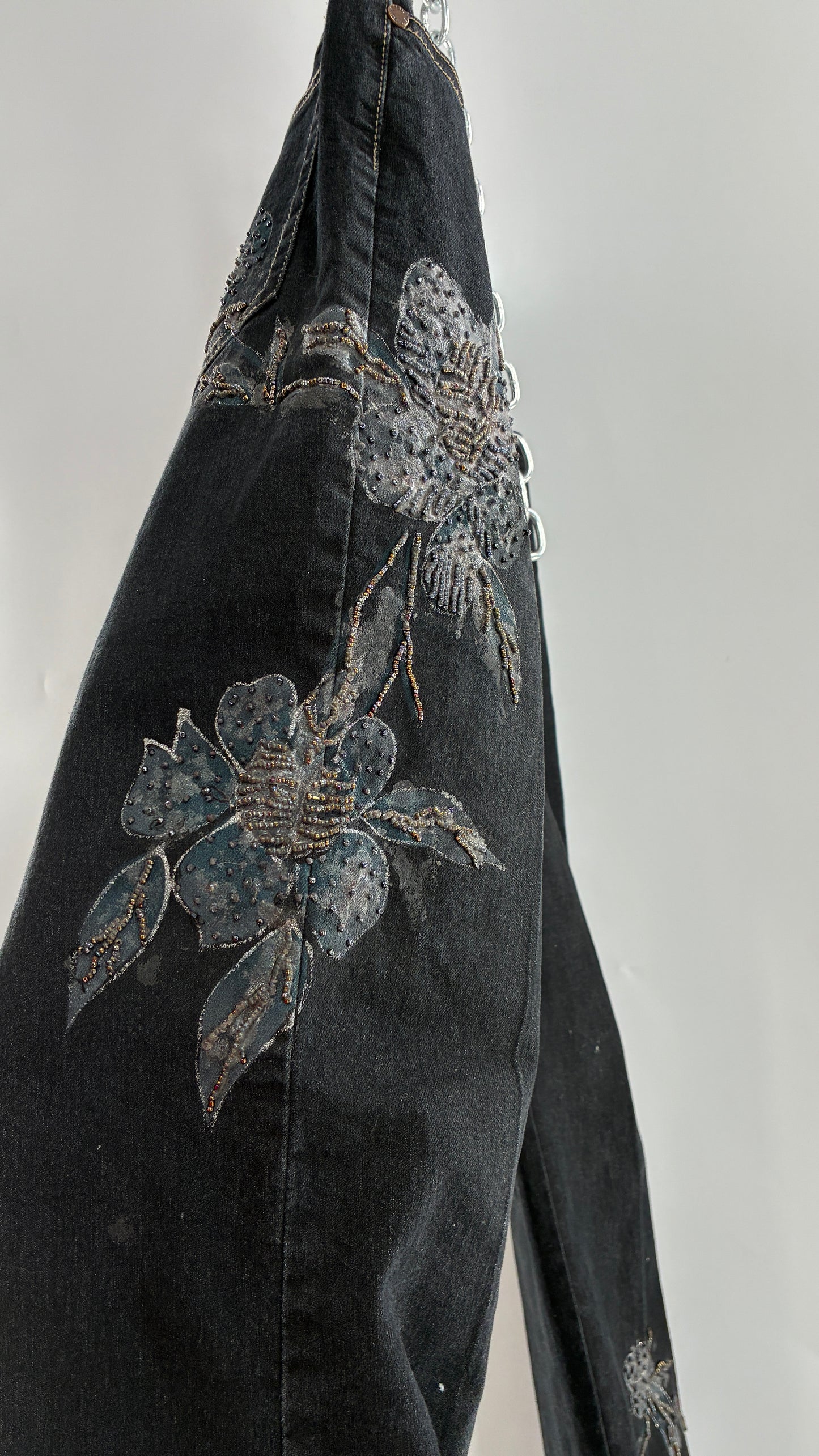 Vintage TEMCHE JEANS Dark Wash Jeans with Painted, Beaded Florals