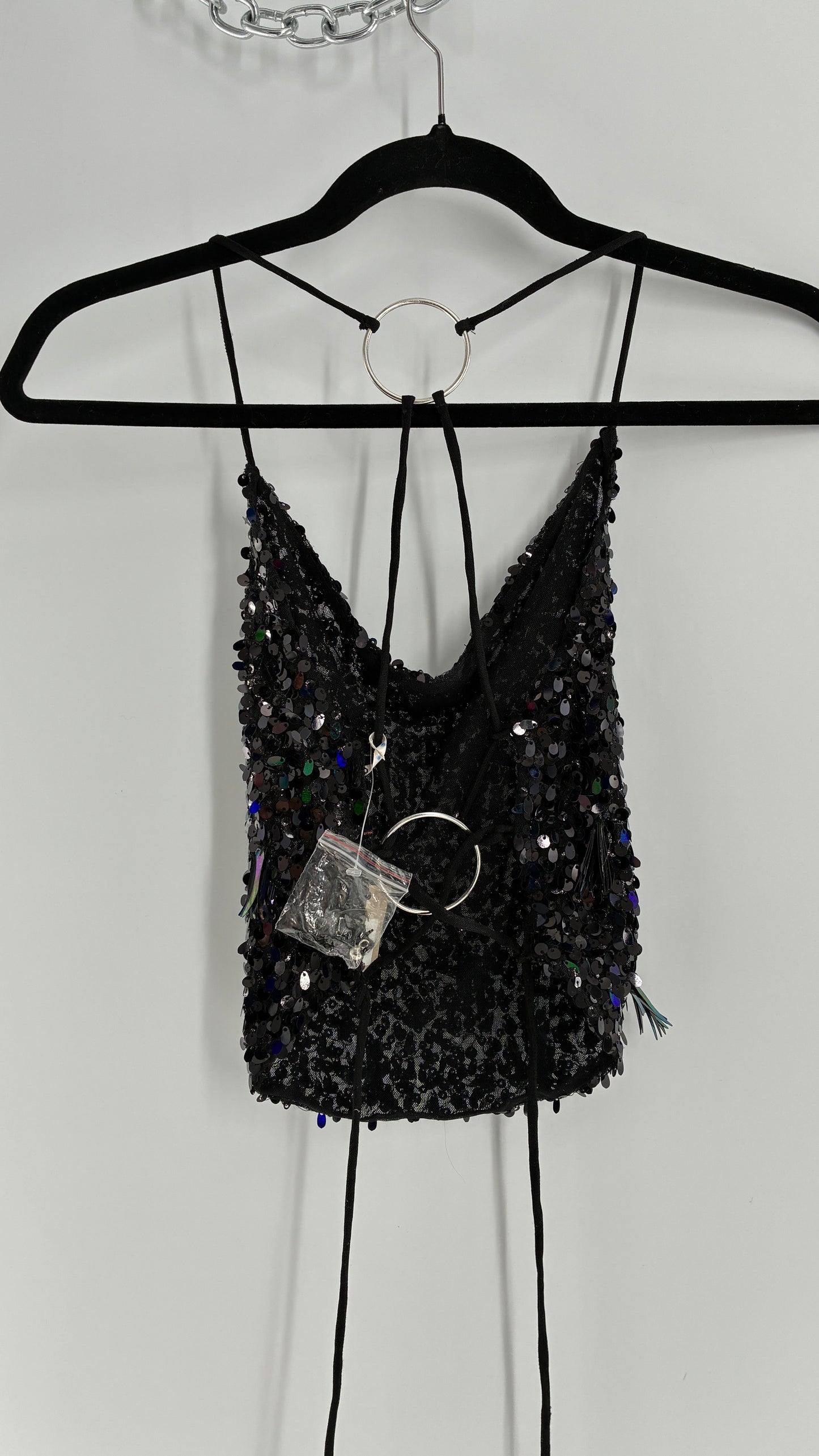 Free People Black Open, Tie Up Back Camisole Covered in Sequins with Silver Hoop Details (XS)