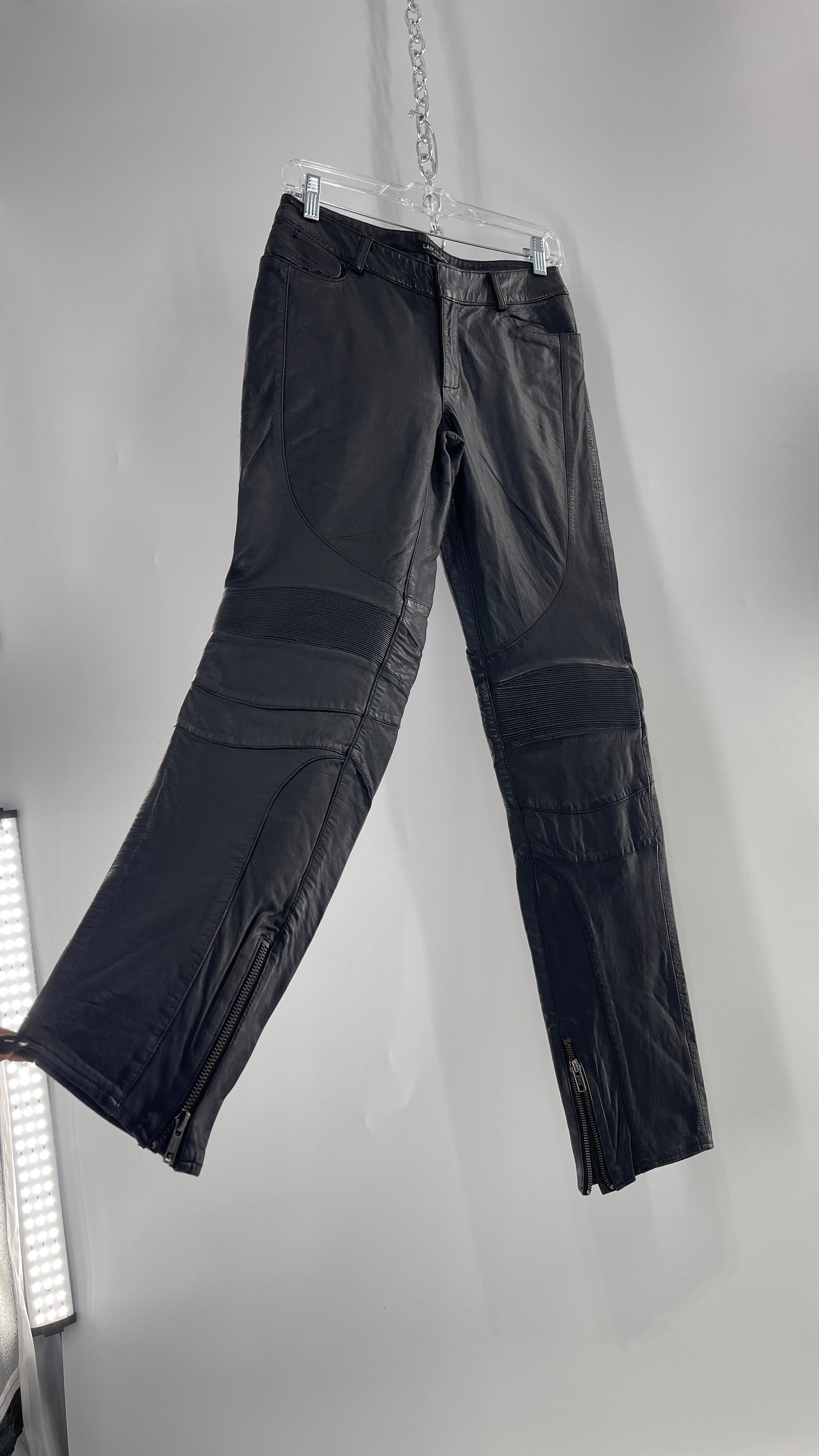 LAMARQUE 1990s Collection Vintage Black Leather Moto Style Pant with Panels, Ribbing and Zipper Details (6)