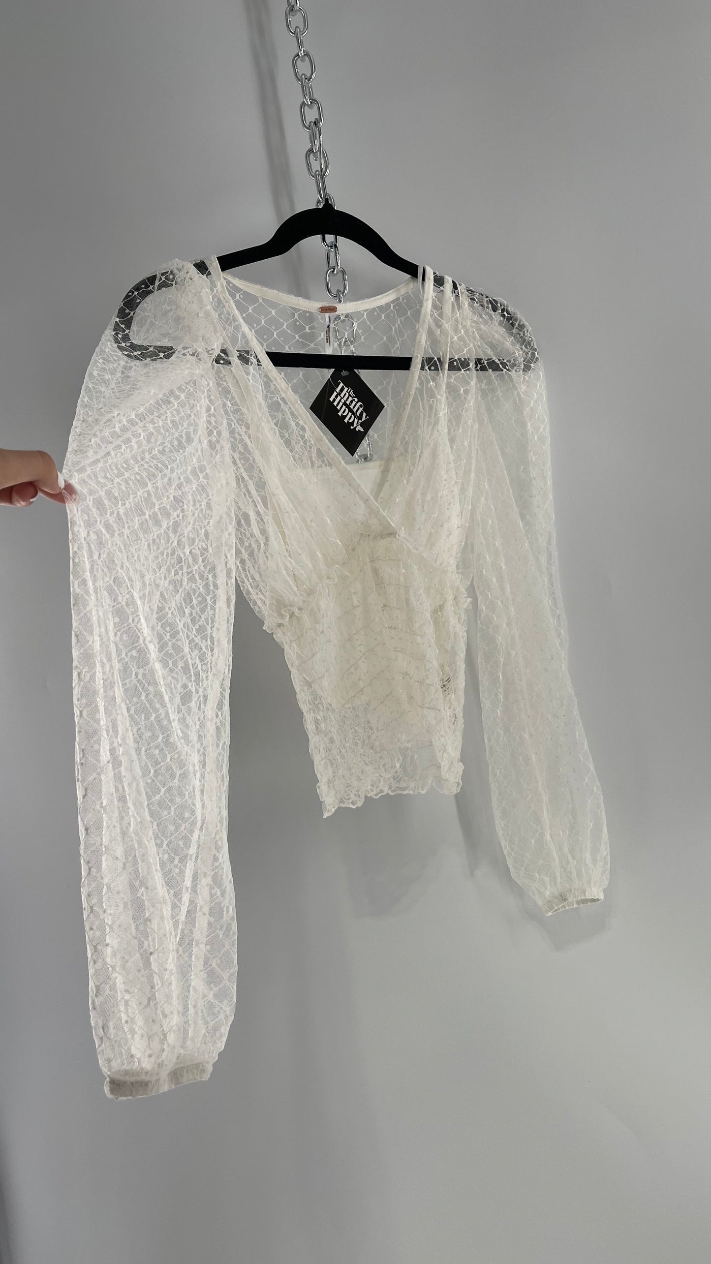 Free People White Embroidered Mesh Blouse with Keyhole Back and Balloon Sleeves (XS)