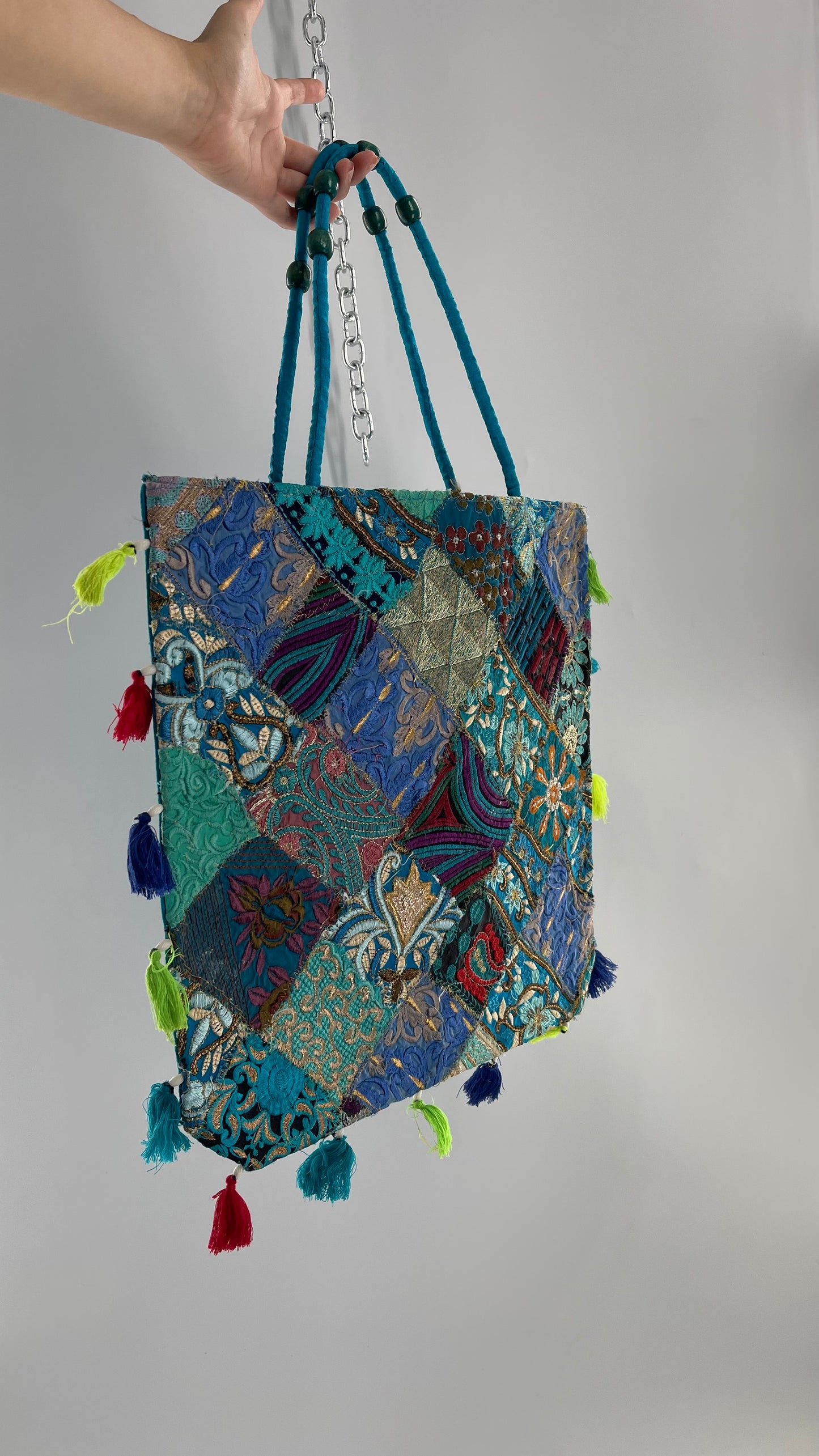 Imported Blue Patchwork Tote from Brazil with Tassel Detailing