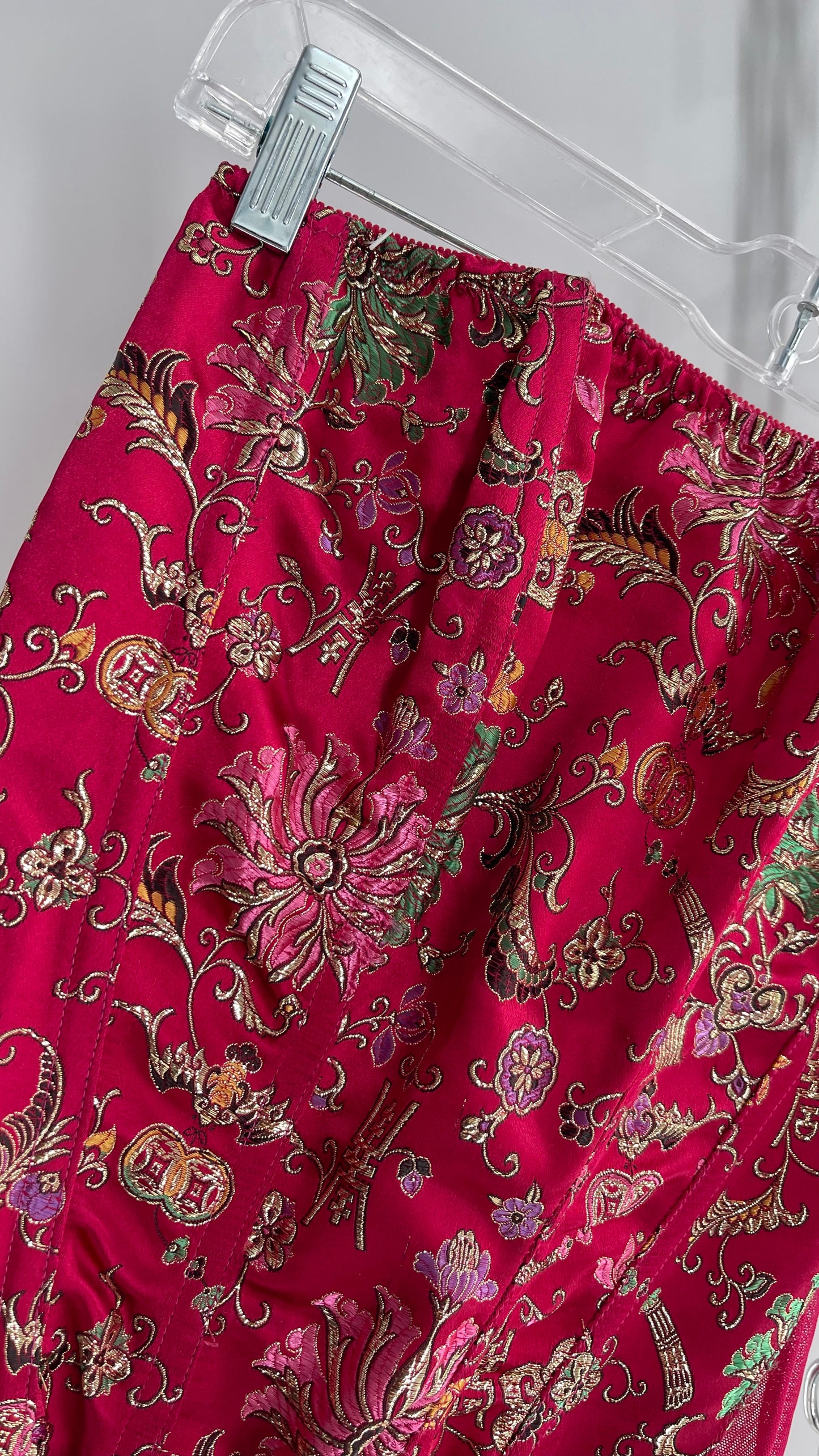 Vintage 1990s HOT Hot Pink Jacquard Metallic Boned Corset with Mesh Back and Hips (Small)