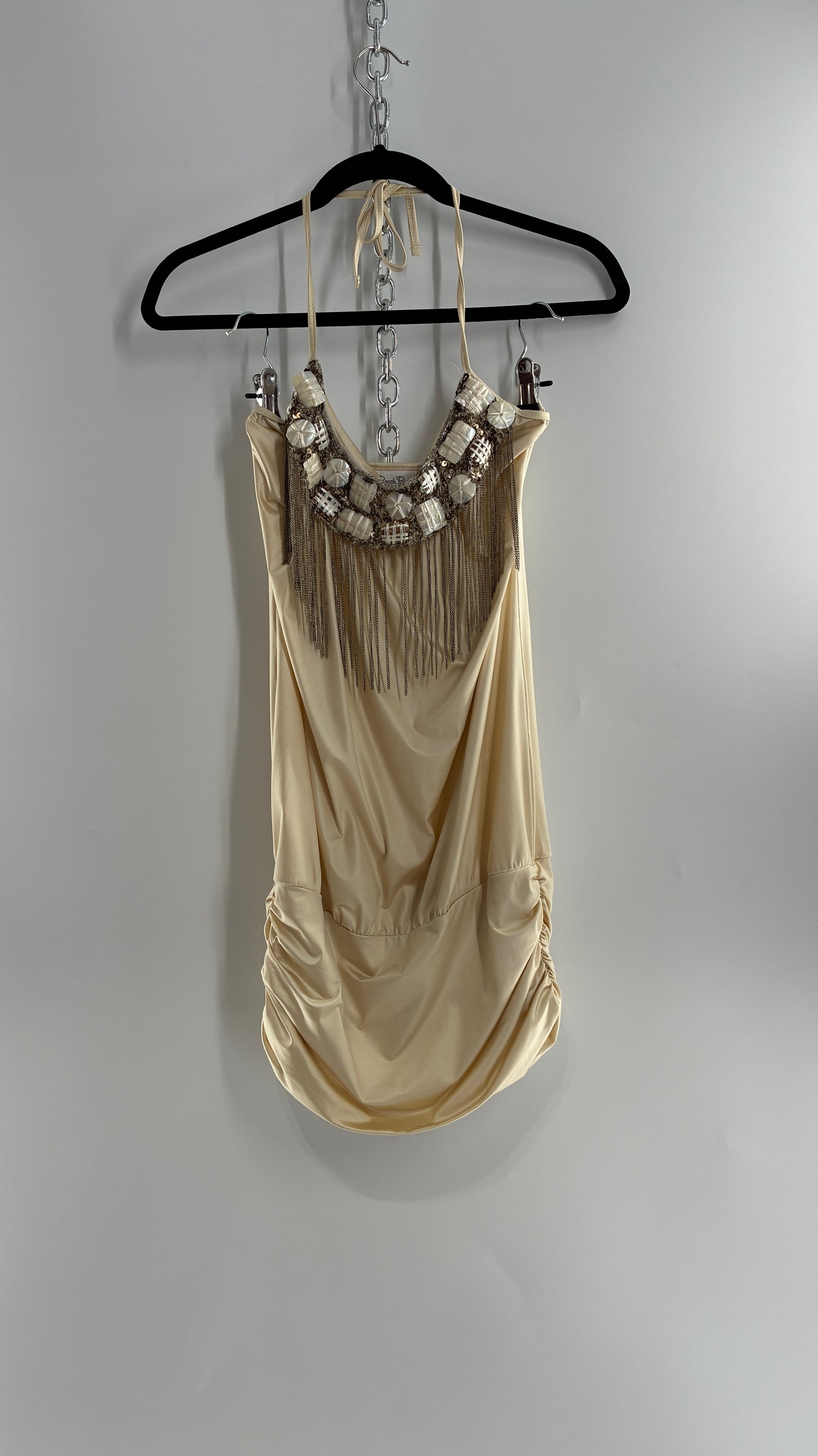 Beach Bunny Ivory Lycra Balloon Hem Mini Dress with Exaggerated, Beaded and Metal Chain Neckline (Small)