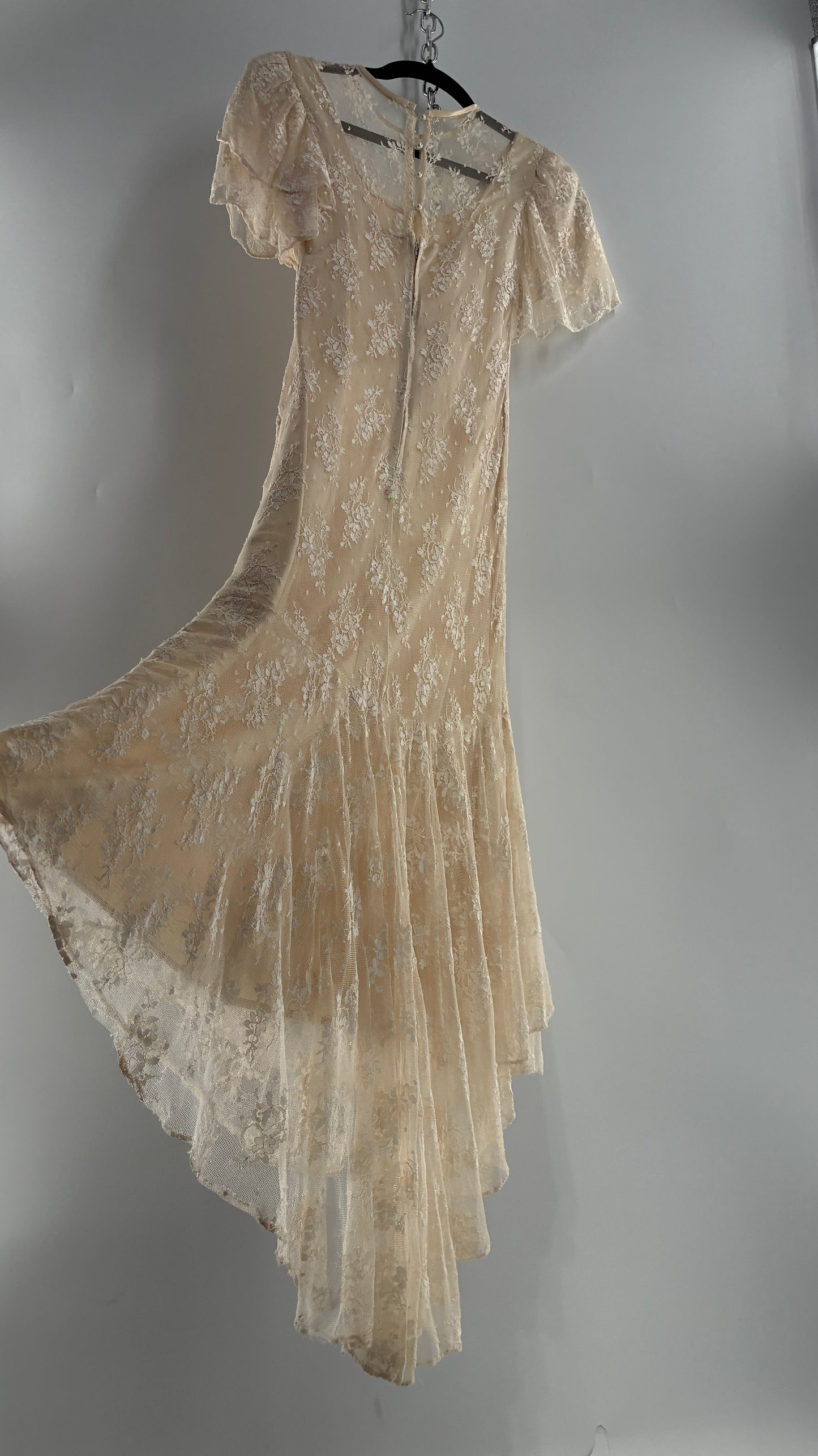 Vintage Ivory Lace Gown with Petal Sleeves, Tiered Hemline (5/6)