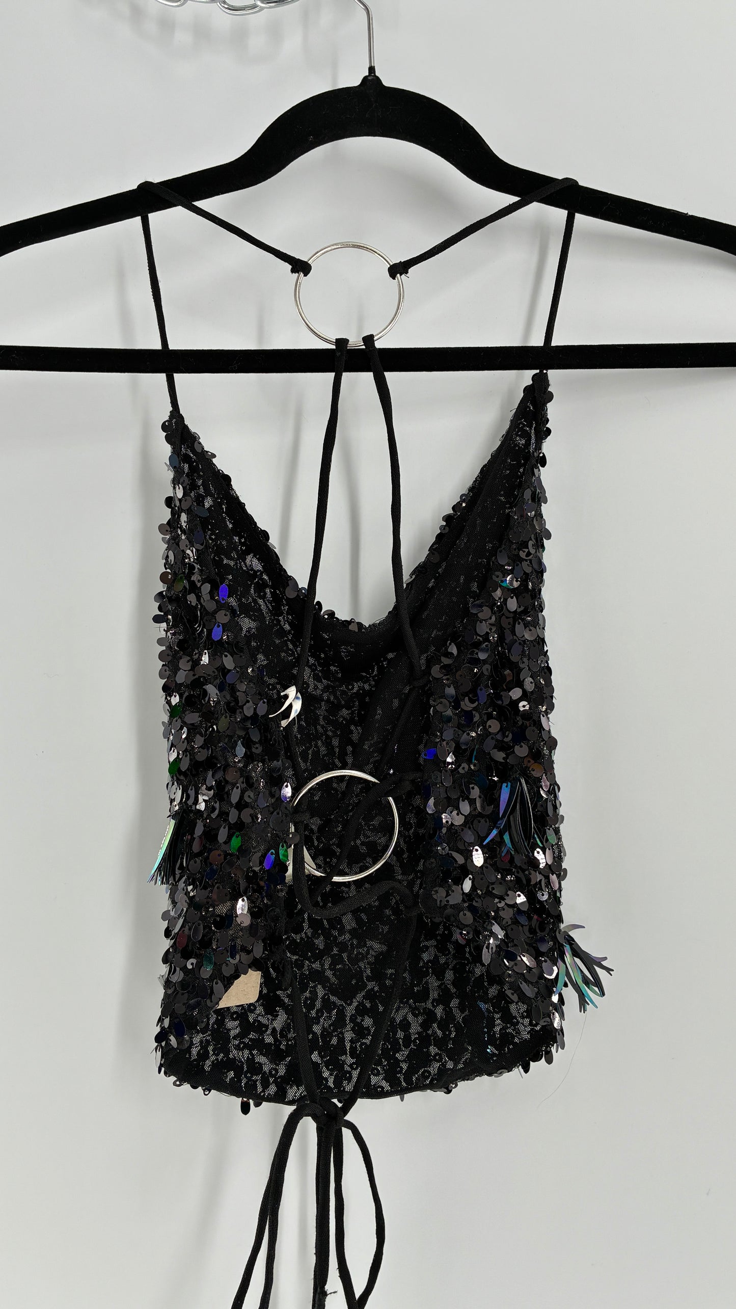 Free People Black Open, Tie Up Back Camisole Covered in Sequins with Silver Hoop Details (XS)