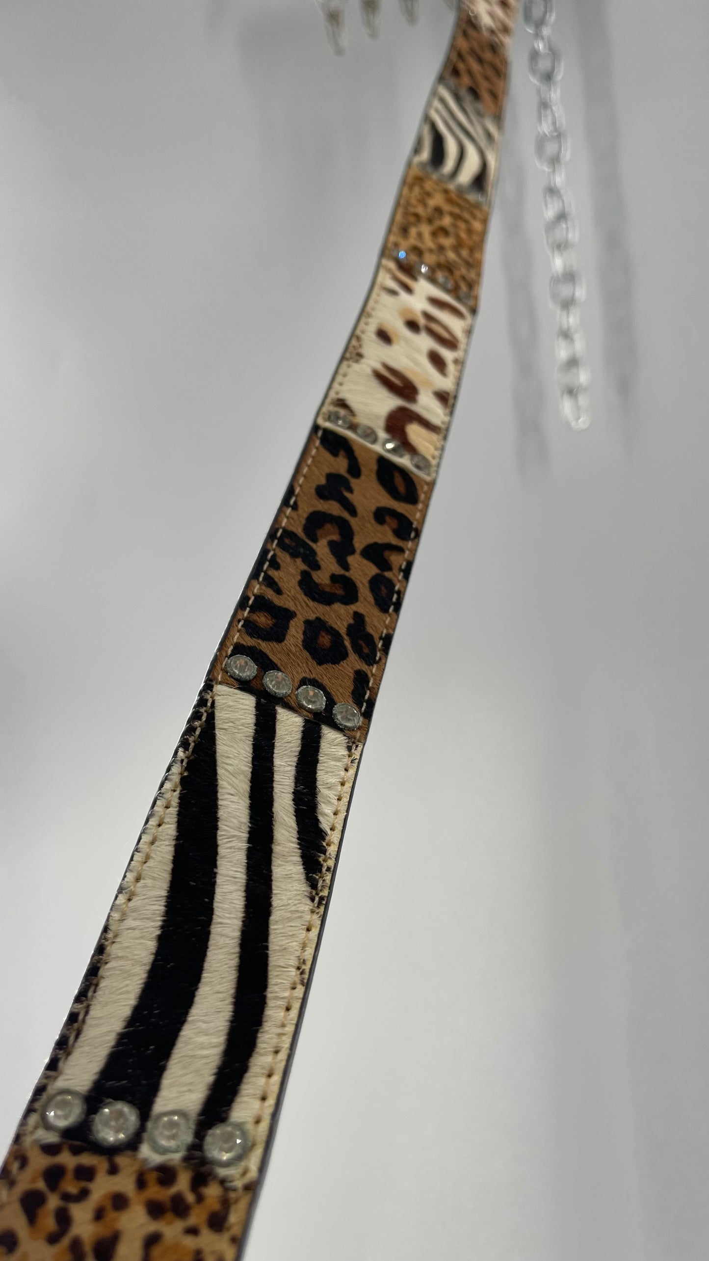 Vintage Pony Fur Animal Print Patchwork Belt with Rhinestone Buckle and Embellishments (Medium)