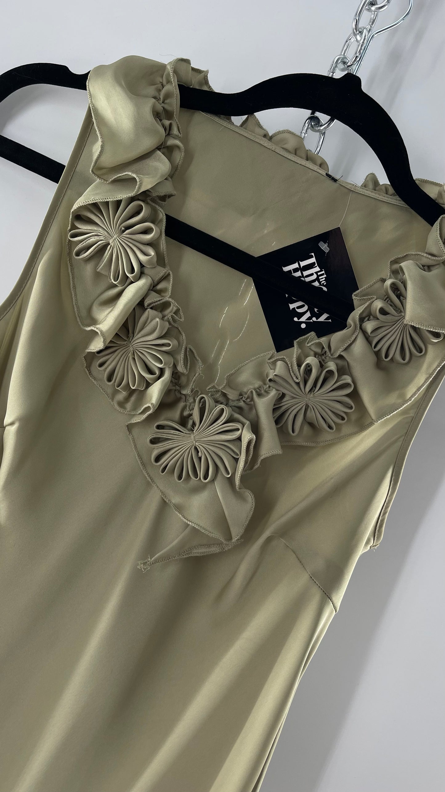 Sage Green Silky Sleeveless Tunic with Rosettes (Medium)