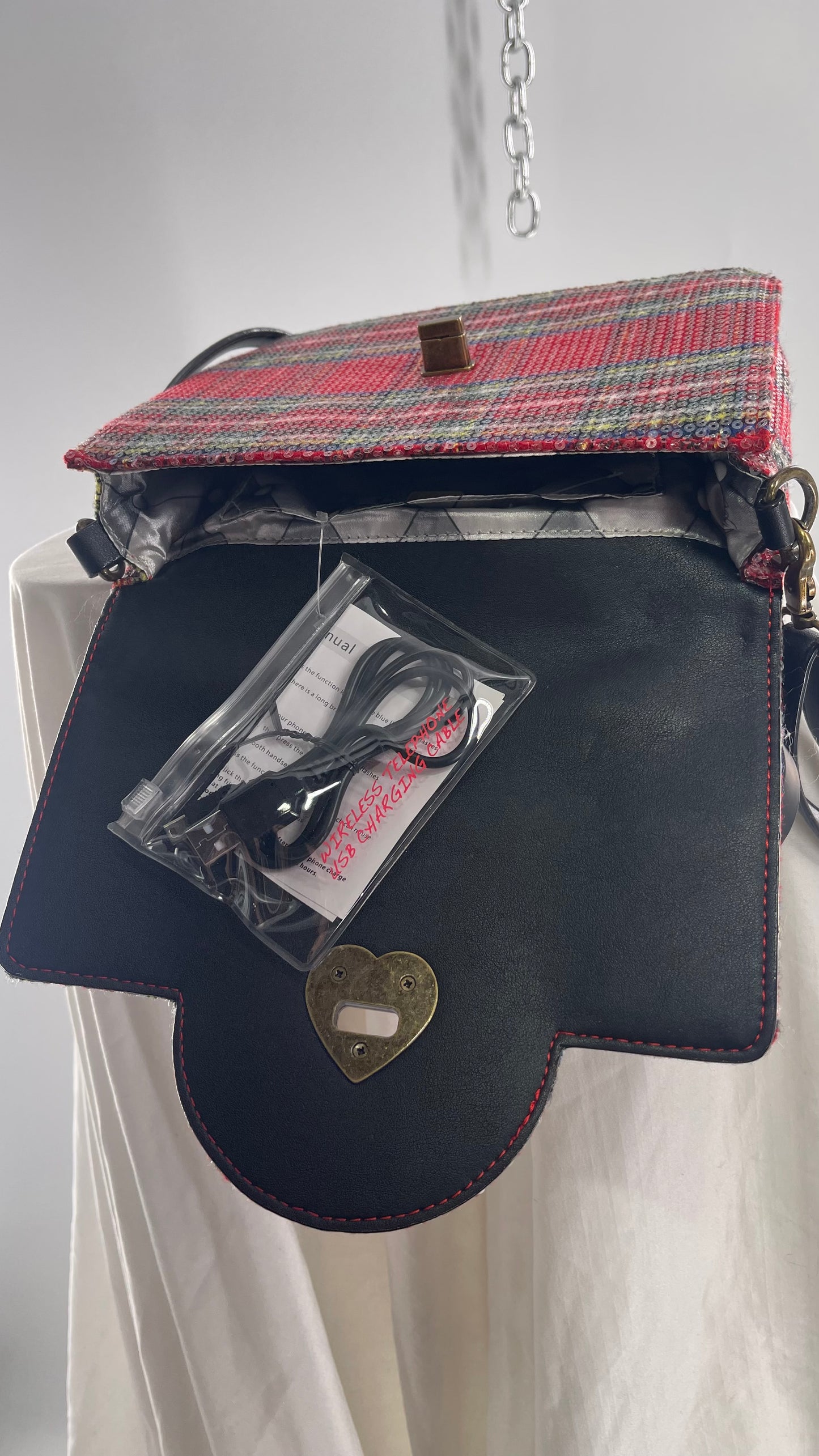 Rare Deadstock Vintage Betsy Johnson Red Plaid Telephone Sequin Bag with Wiring to connect to Phone