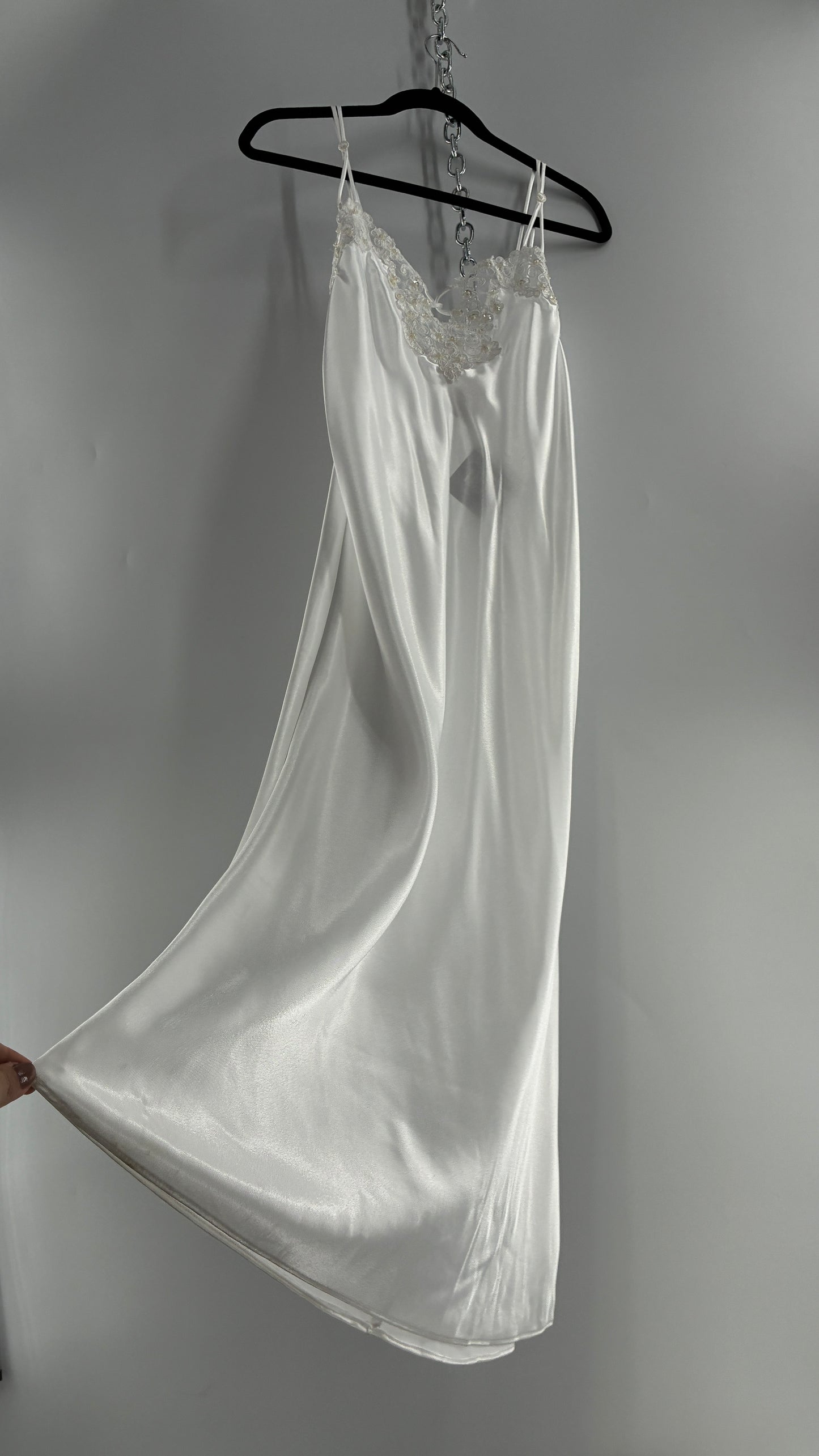 Vintage California Dynasty White Glossy, Silky Night Gown Style Dress with Sequined Lace Bustline (Small)