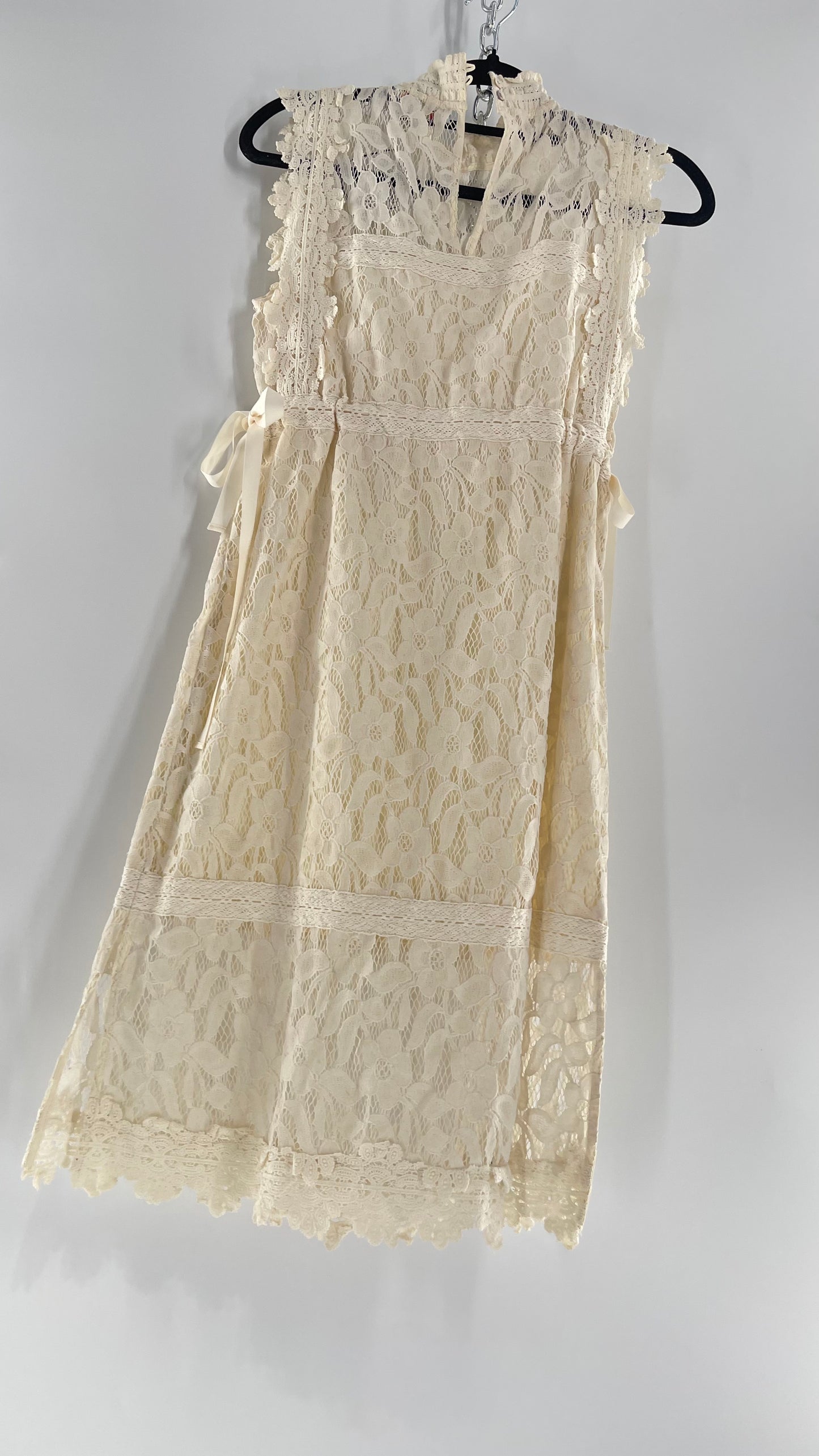 Eri + Ali Anthropologie Velvet Lace MIDI Dress with High Neckline and Side Bow Ties(XS)