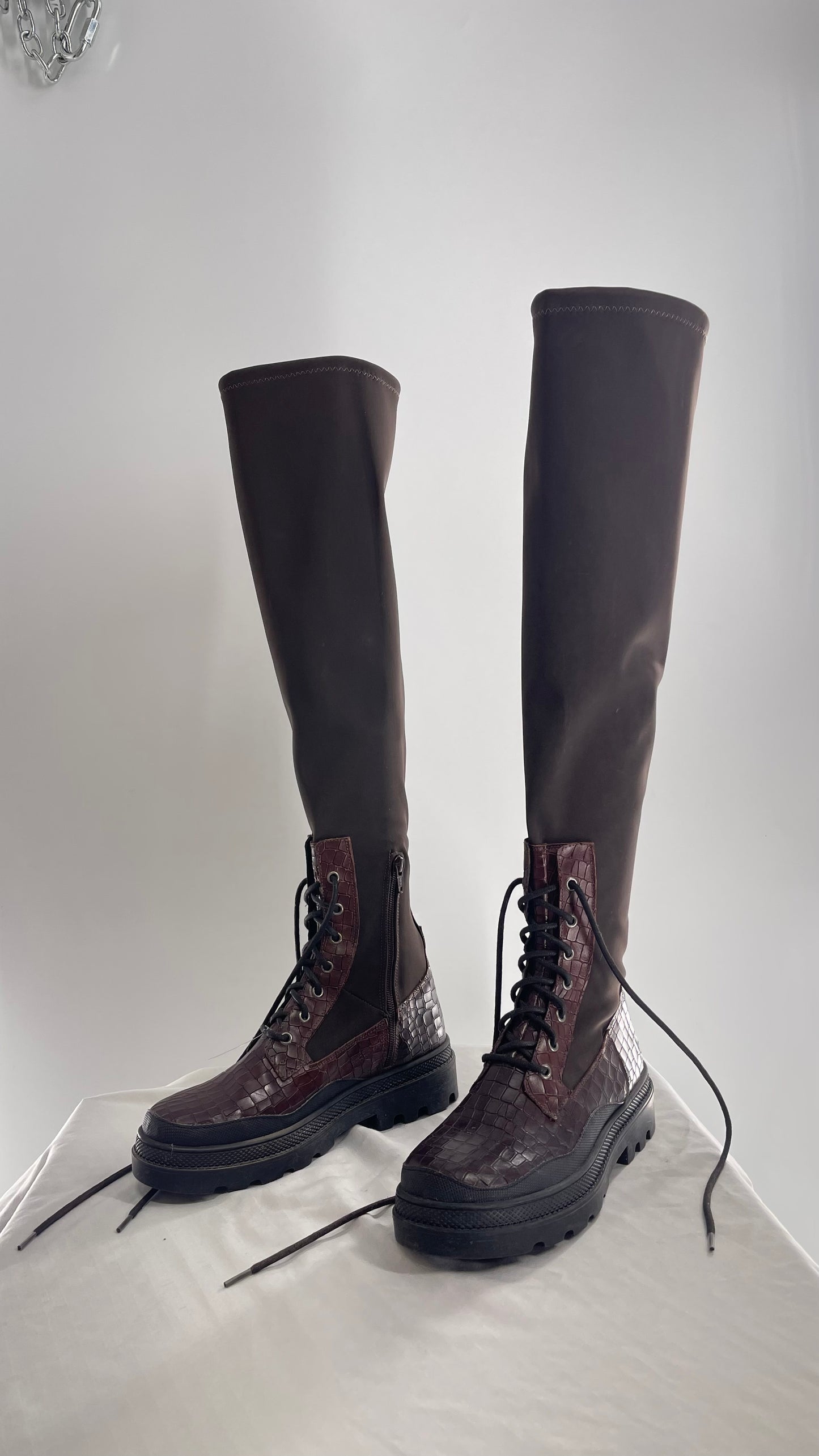 Free People Dark Brown Riding Style Embossed Knee High Platform Boots (39)