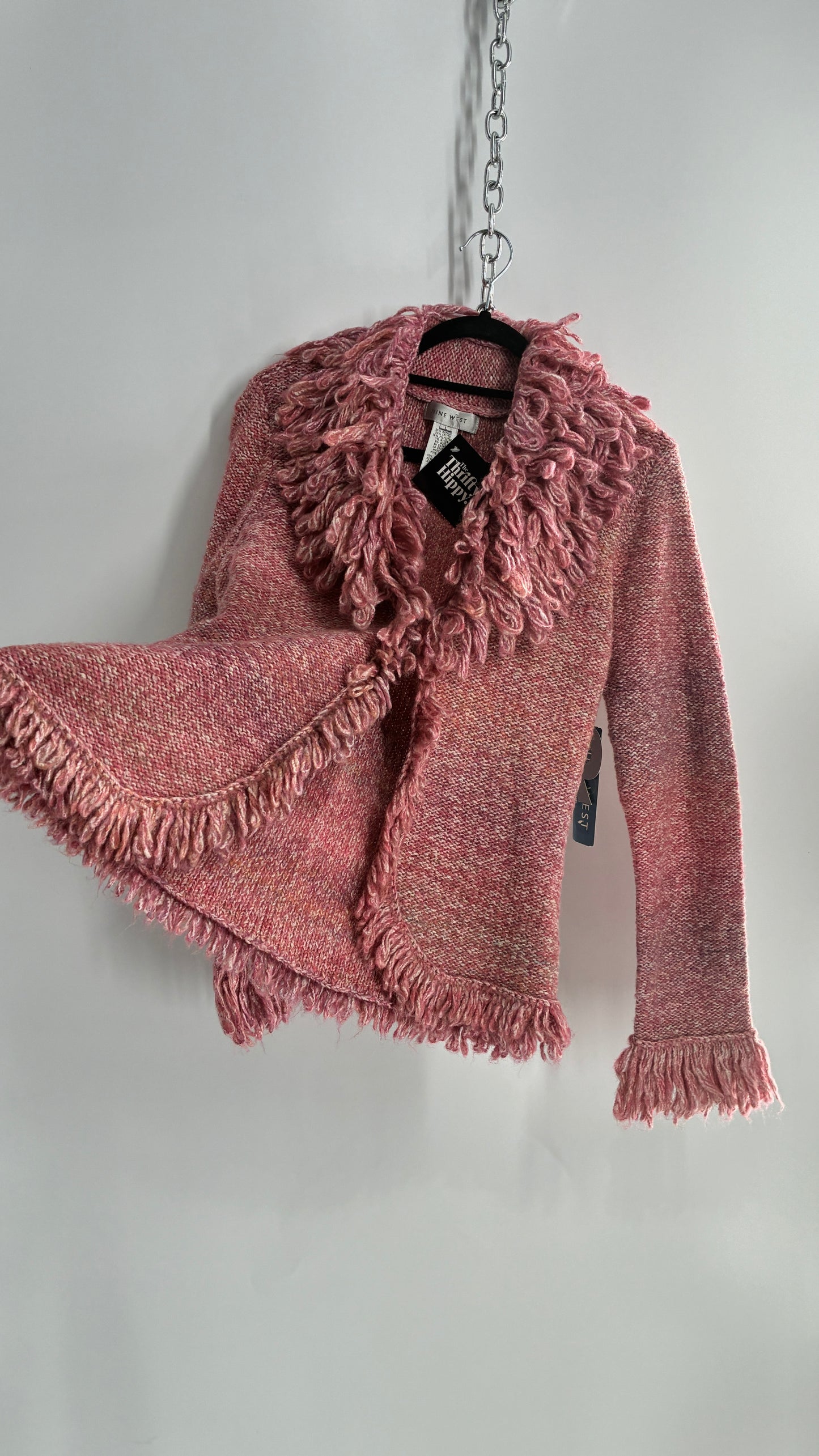 Nine West Pink Knit Cardigan Jacket with Exaggerated Fringe Collar and Cuffs (Large)
