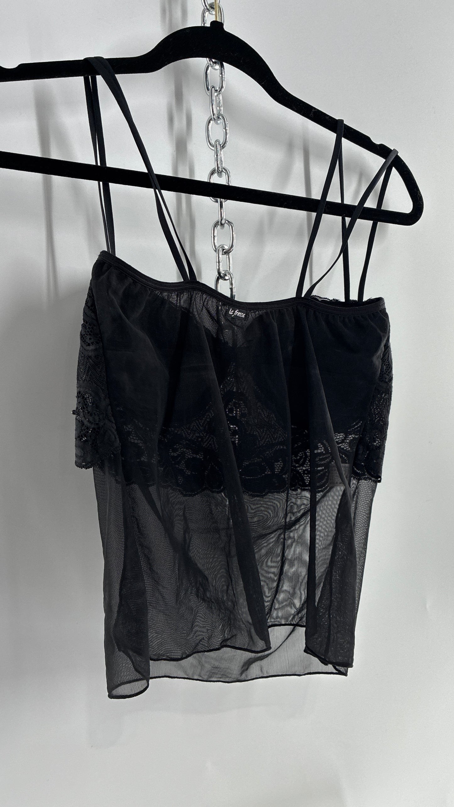 Vintage LA FRESCA Black Lace Bustier Babydoll with Mesh Bodice and Beaded Cups/Band (Large)
